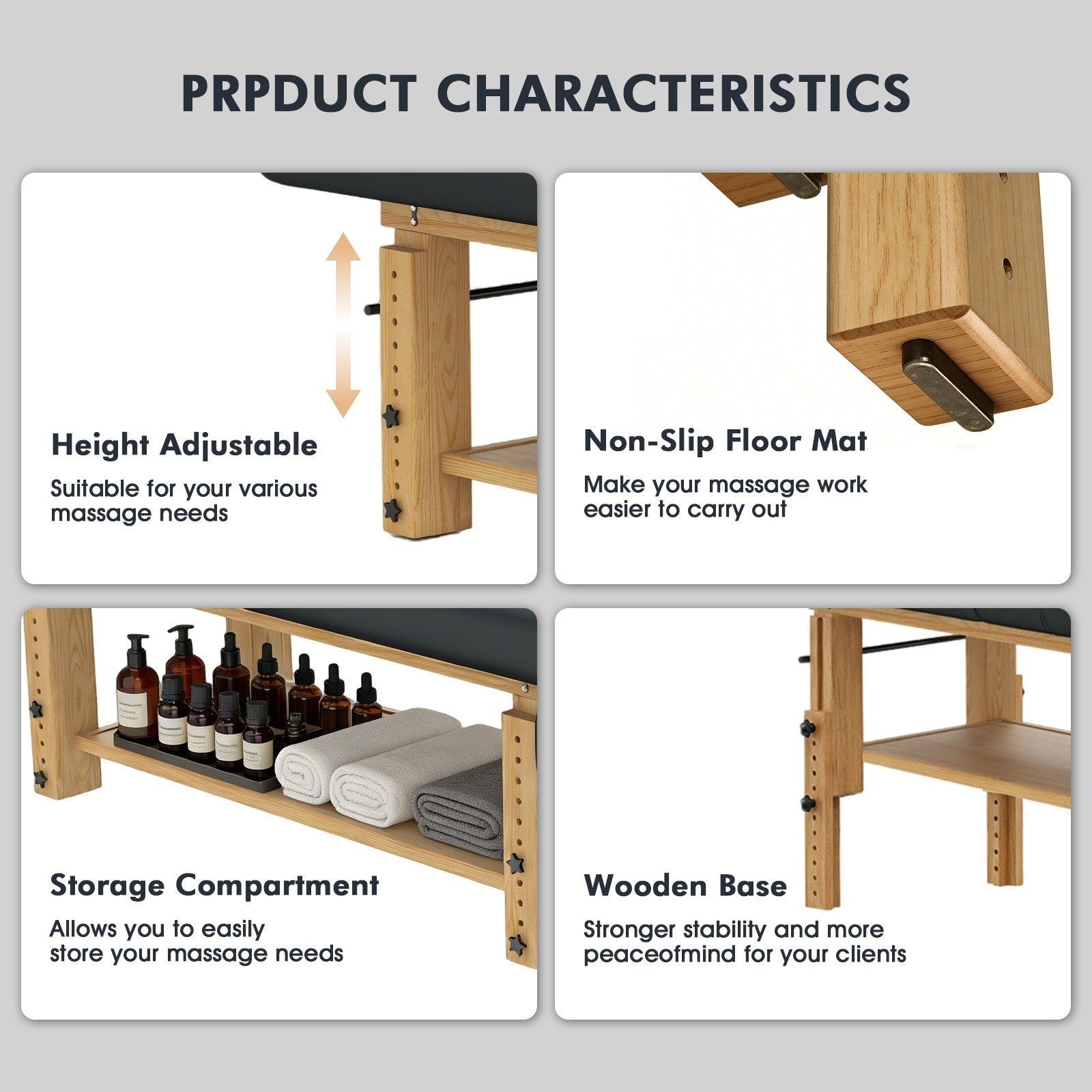 #2087 Heavy Duty Massage Table, Wooden Stationary Spa Bed with Adjustable Height & Backrest