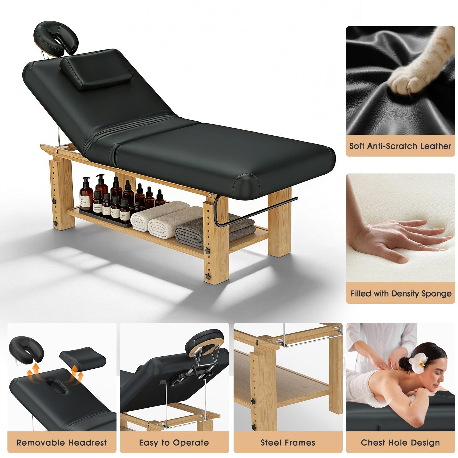 #2087 Heavy Duty Massage Table, Wooden Stationary Spa Bed with Adjustable Height & Backrest