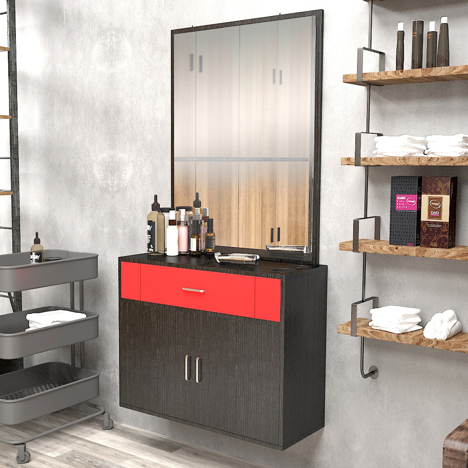 Artist Hand Wall Mount Salon Barber Station with Mirror, Door, 3 Shelves, 2 Drawers (Black, Red)