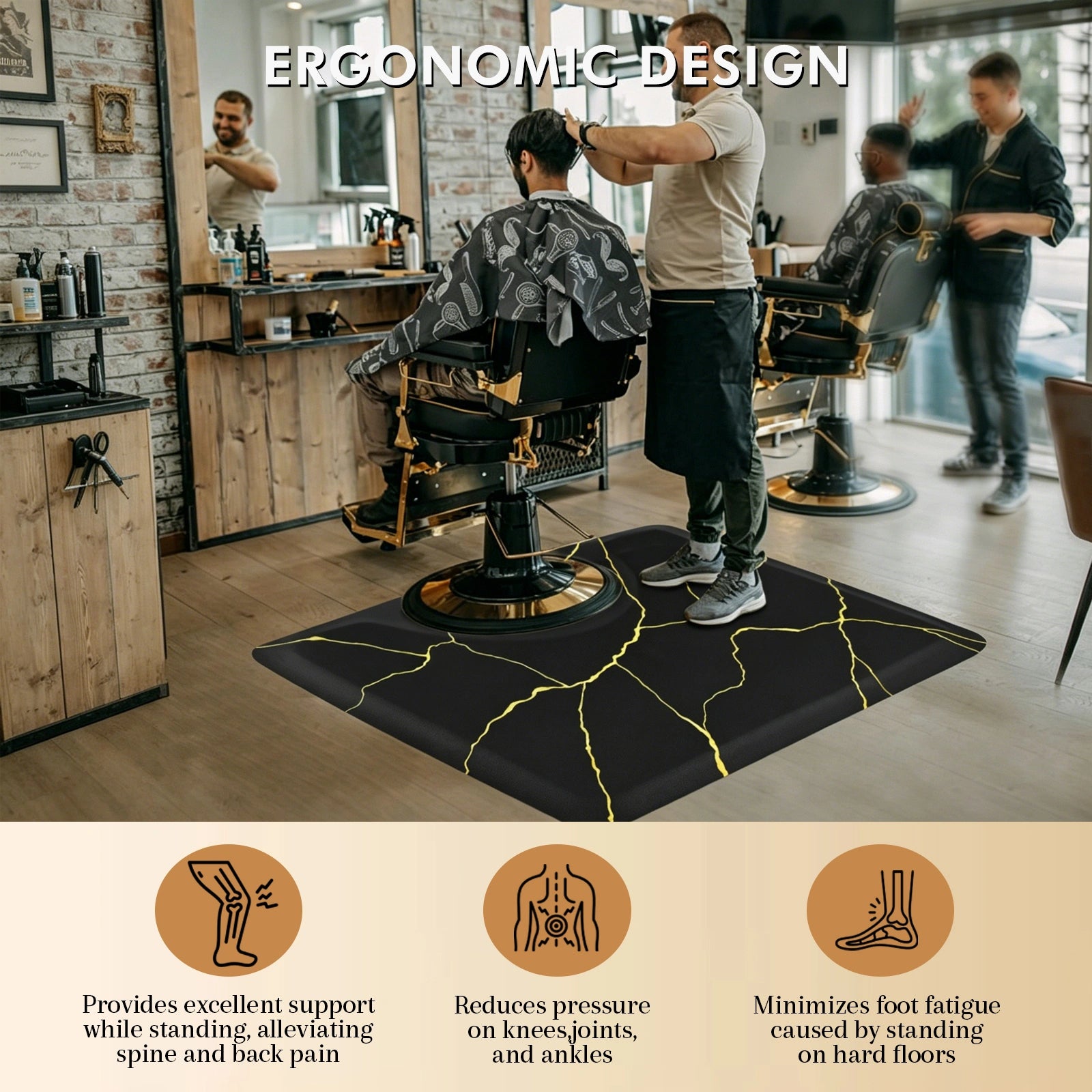 #10029 Barber Chair Mat with Black Gold Marble Pattern, Rectangular Salon Mat, 3' x 4' x 1/2"
