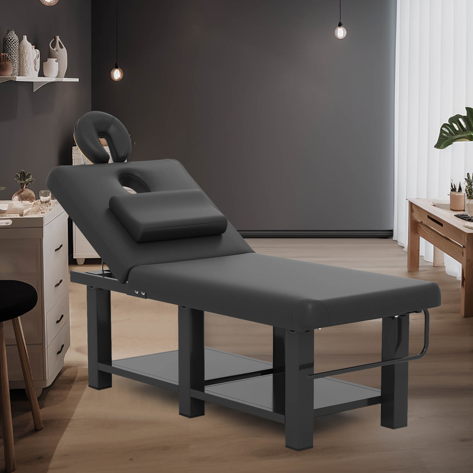 #2081 Heavy Duty Wide Stationary Massage Table Metal Frame PU Leather Spa Facial Professional Adjustable Massage Bed with Open-Chest & Headrest for Treatment Physical Therapy Tatoo Salon Equipment