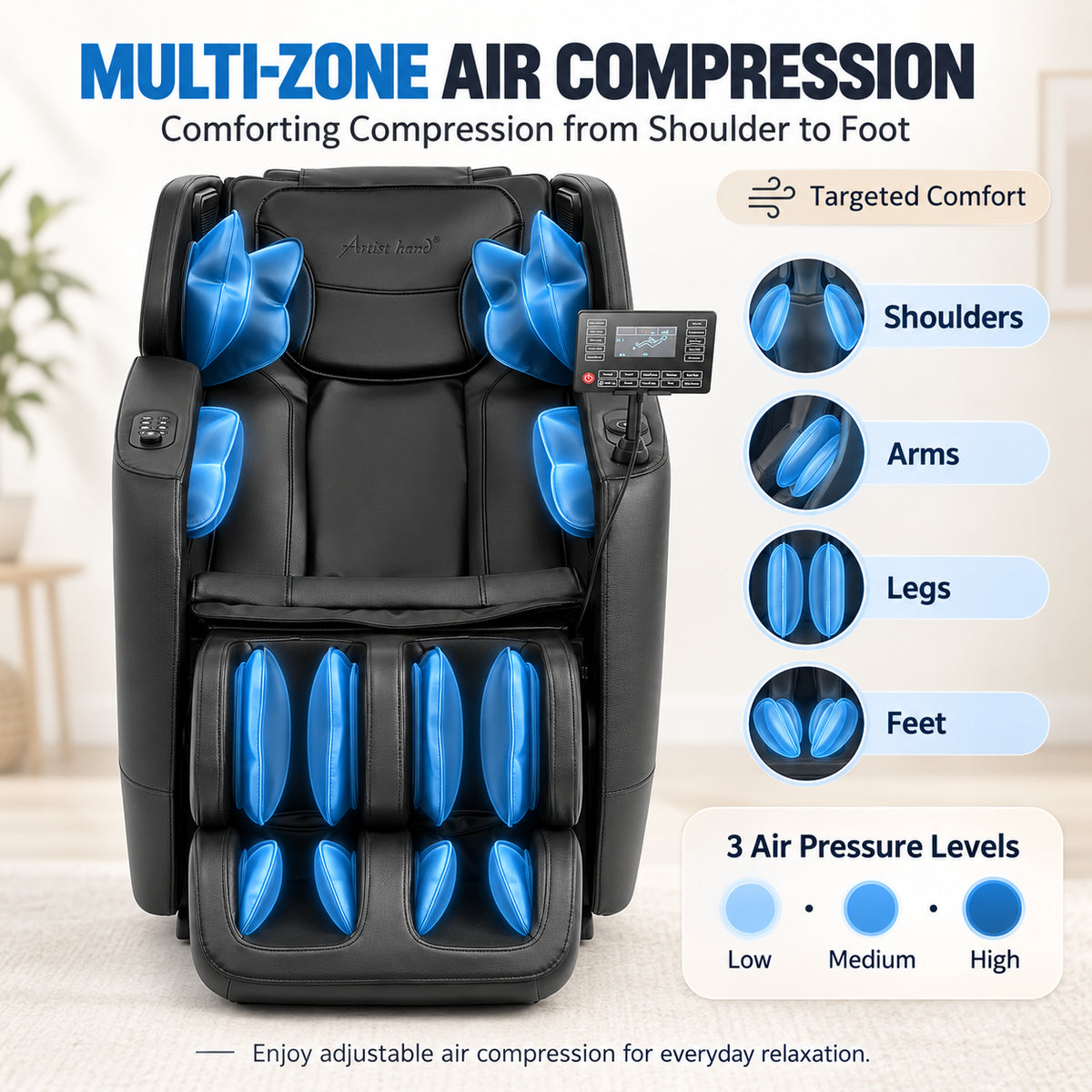 #20023 Massage Chair with 3-Level Zero Gravity, 6 Auto Programs, Airbag Compression, 3-Level Waist Heat, Foot Rollers, Bluetooth & Wireless Charging