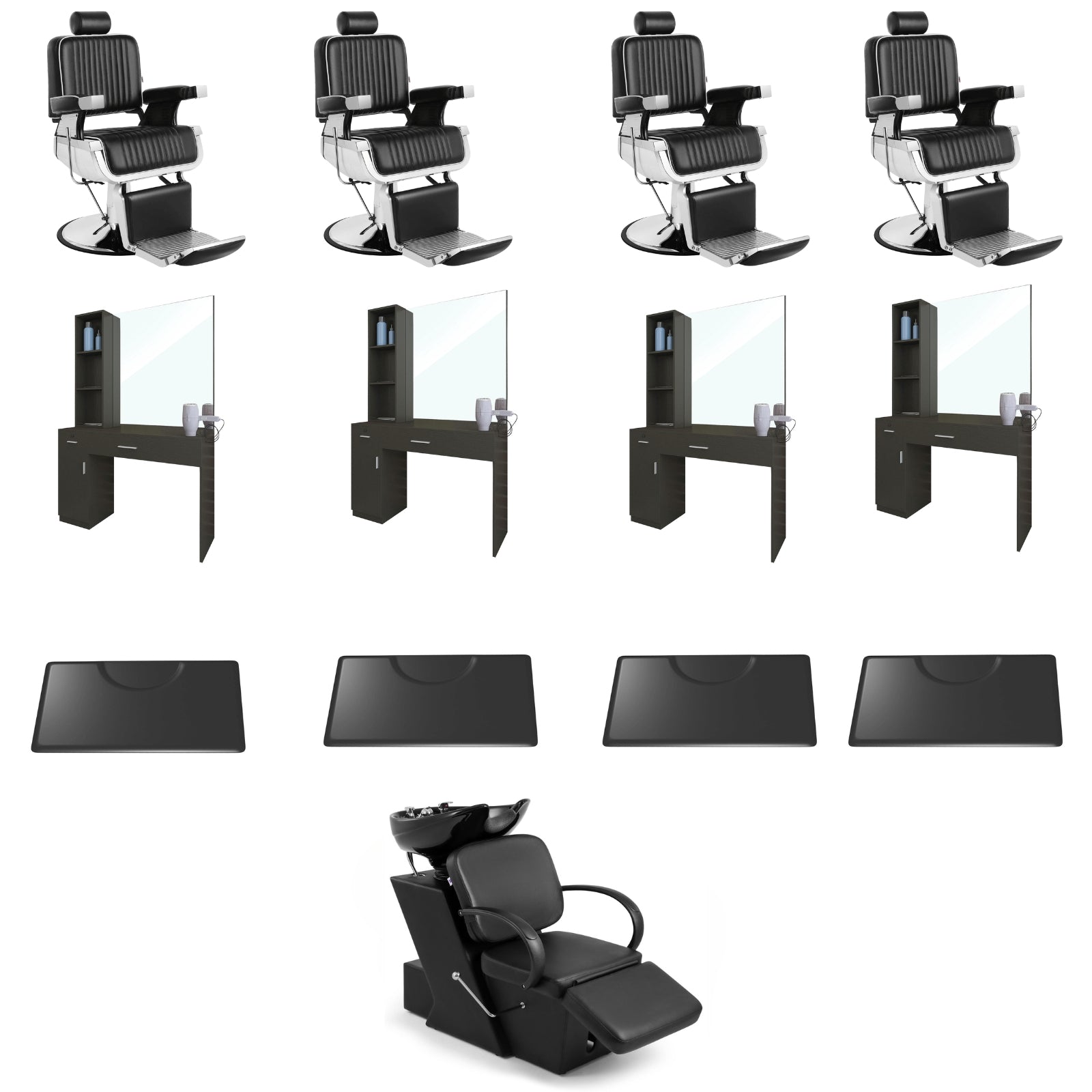 4 #5073 Barber Chairs with #1006 Shampoo Bed