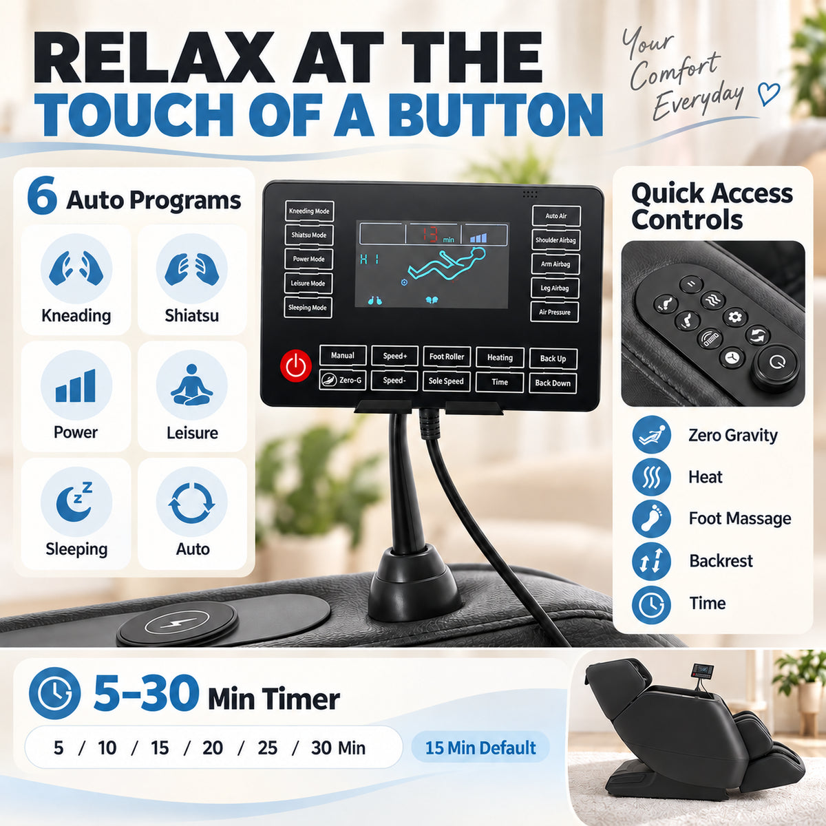 #20023 Massage Chair with 3-Level Zero Gravity, 6 Auto Programs, Airbag Compression, 3-Level Waist Heat, Foot Rollers, Bluetooth & Wireless Charging
