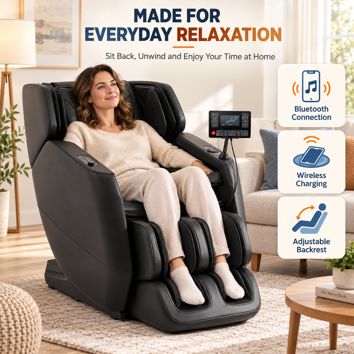 #20023 Massage Chair with 3-Level Zero Gravity, 6 Auto Programs, Airbag Compression, 3-Level Waist Heat, Foot Rollers, Bluetooth & Wireless Charging