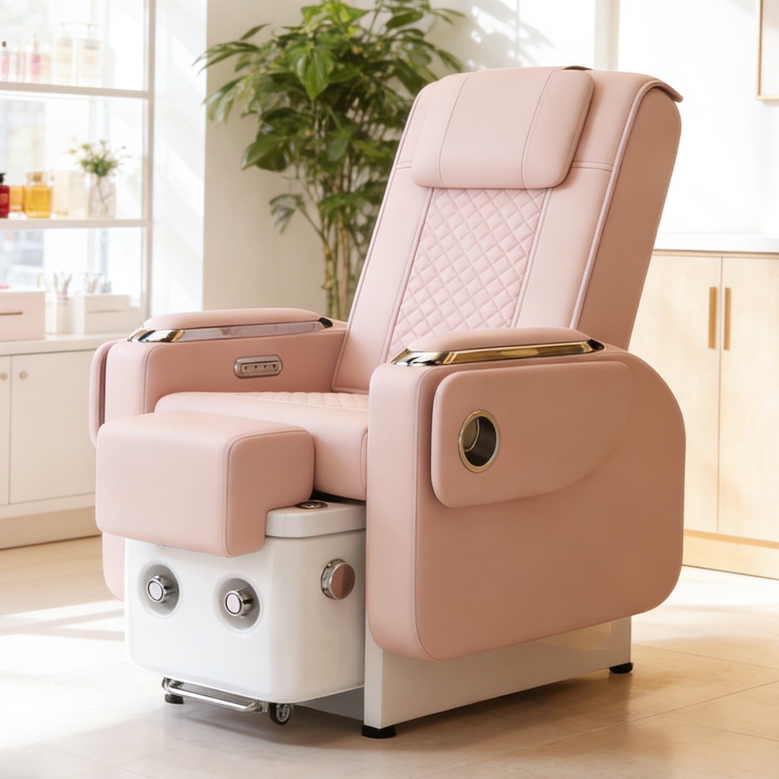 #1483 Pedicure Spa Chair Spa Chair with Foot Spa Basin, Manicure & Massage Chair, Electric Recline, 4-Head Back Massage, Hot/Cold Water Controls, LED Light & Jet Tub, Fast Drain Pump, Pull-Out Bowl (Pink)
