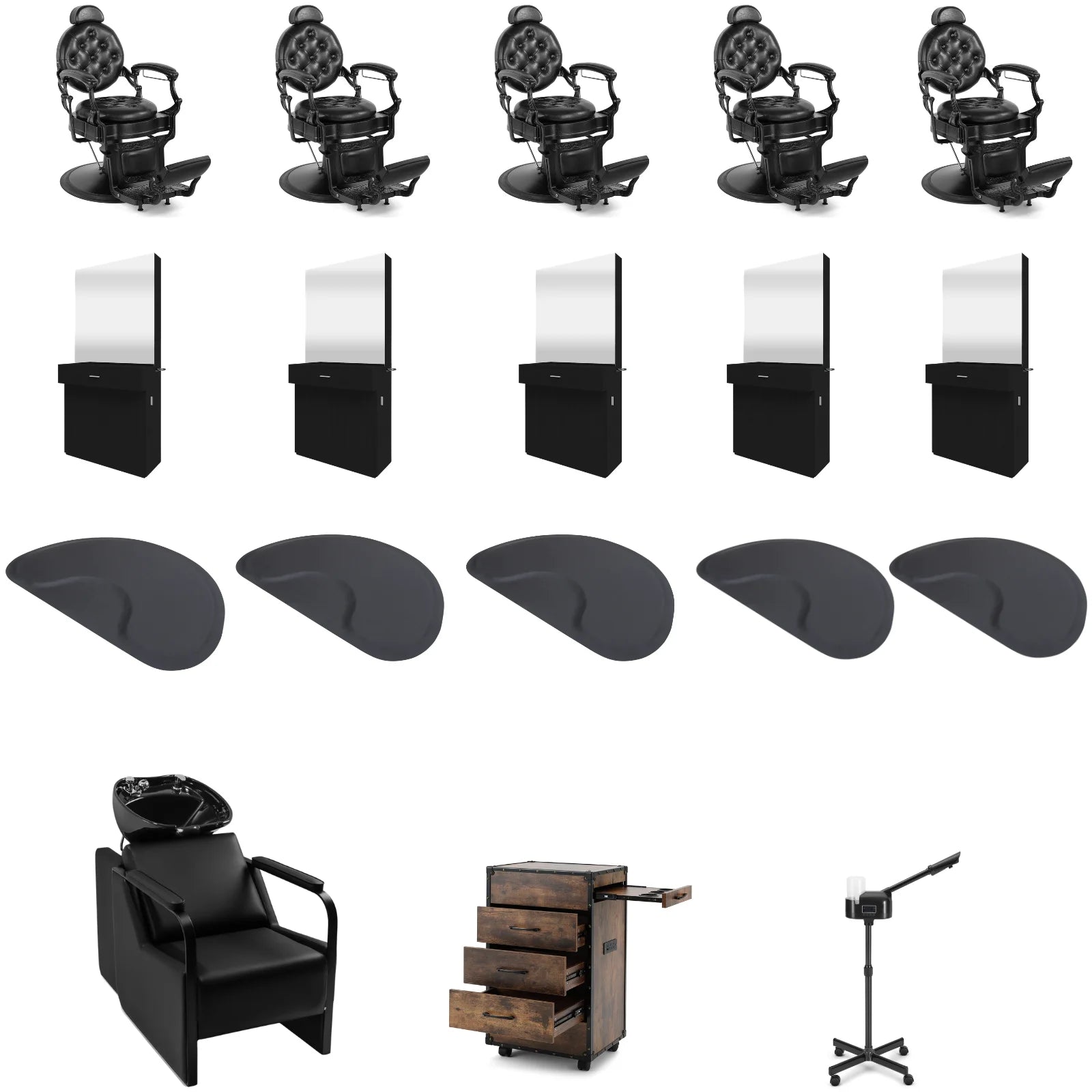 5-Station 5045 Black Barber Chair Bundle with Backwash