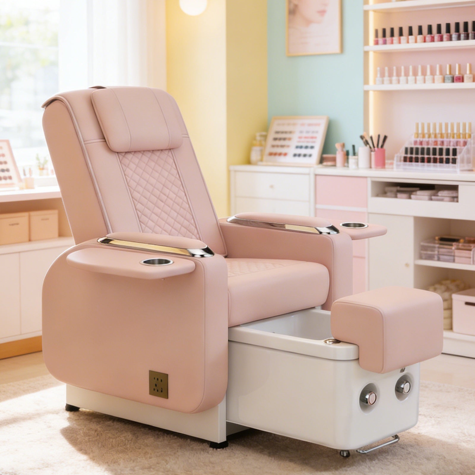 #1483 Pedicure Spa Chair Spa Chair with Foot Spa Basin, Manicure & Massage Chair, Electric Recline, 4-Head Back Massage, Hot/Cold Water Controls, LED Light & Jet Tub, Fast Drain Pump, Pull-Out Bowl (Pink)