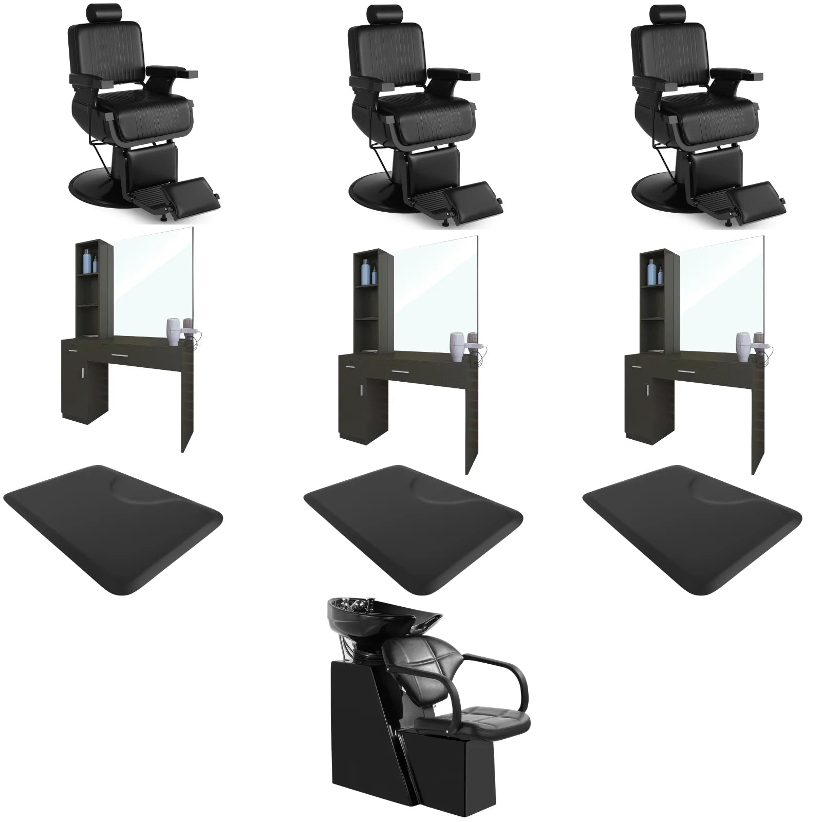 3-Station 5073 All Black Barber Chair Bundle with Backwash
