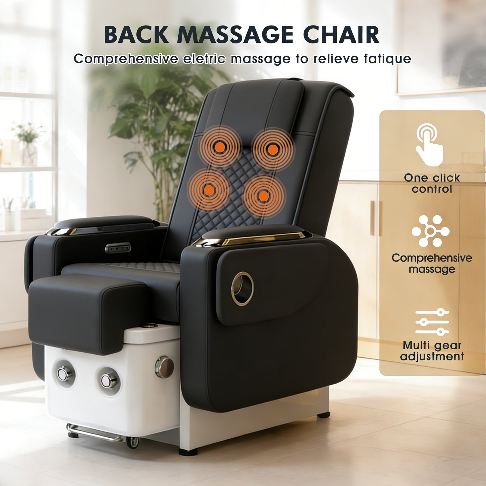 #1084 Pedicure Spa Chair Spa Chair with Foot Spa Basin, Manicure & Massage Chair, Electric Recline, 4-Head Back Massage, Hot/Cold Water Controls, LED Light & Jet Tub, Fast Drain Pump, Pull-Out Bowl(Black)
