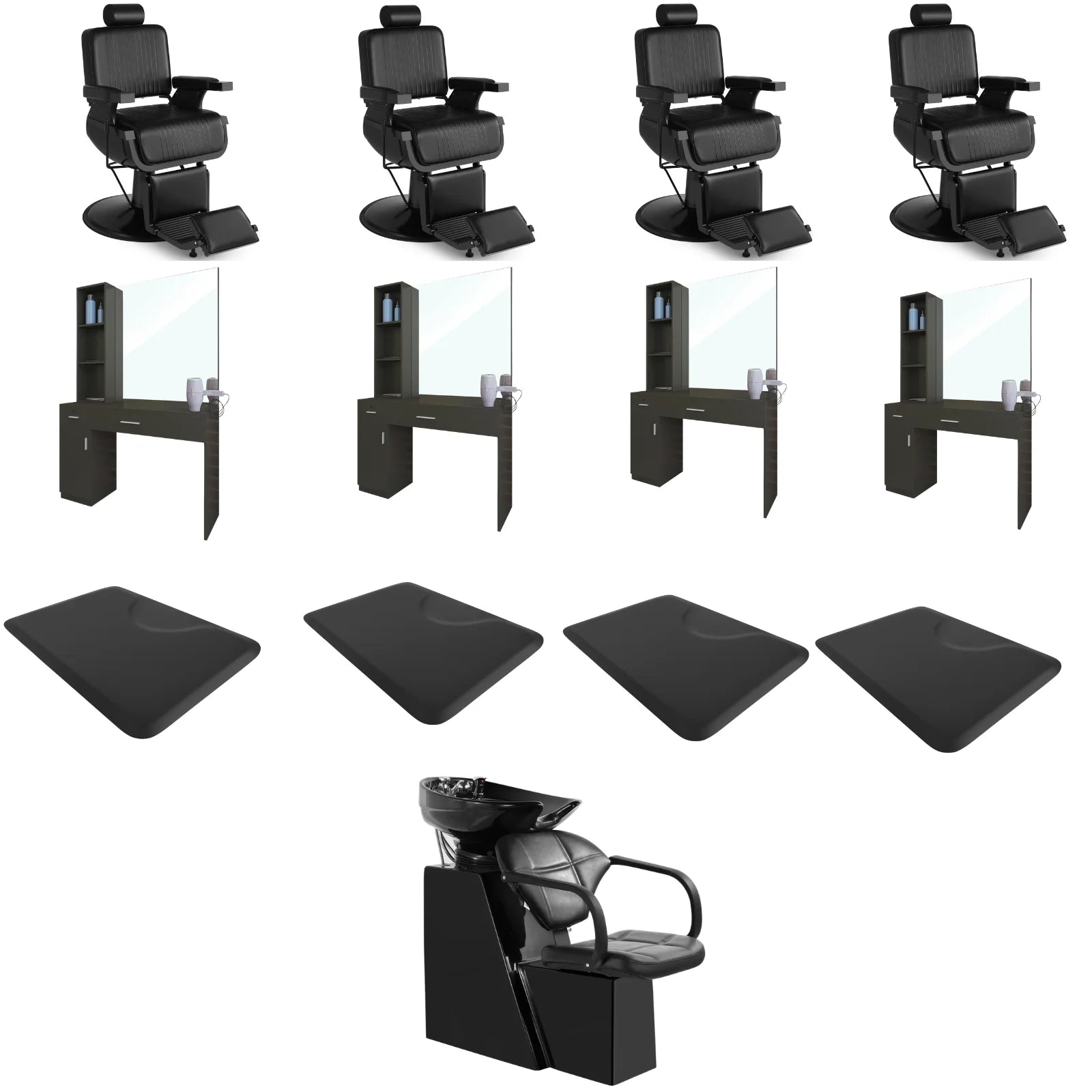 4-Station 5073 All Black Barber Chair Bundle with Backwash