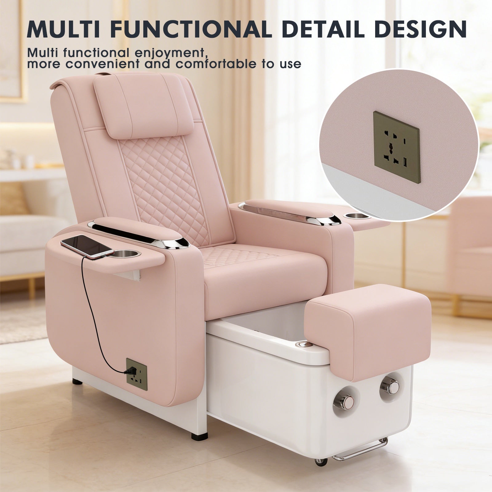 #1483 Pedicure Spa Chair Spa Chair with Foot Spa Basin, Manicure & Massage Chair, Electric Recline, 4-Head Back Massage, Hot/Cold Water Controls, LED Light & Jet Tub, Fast Drain Pump, Pull-Out Bowl (Pink)
