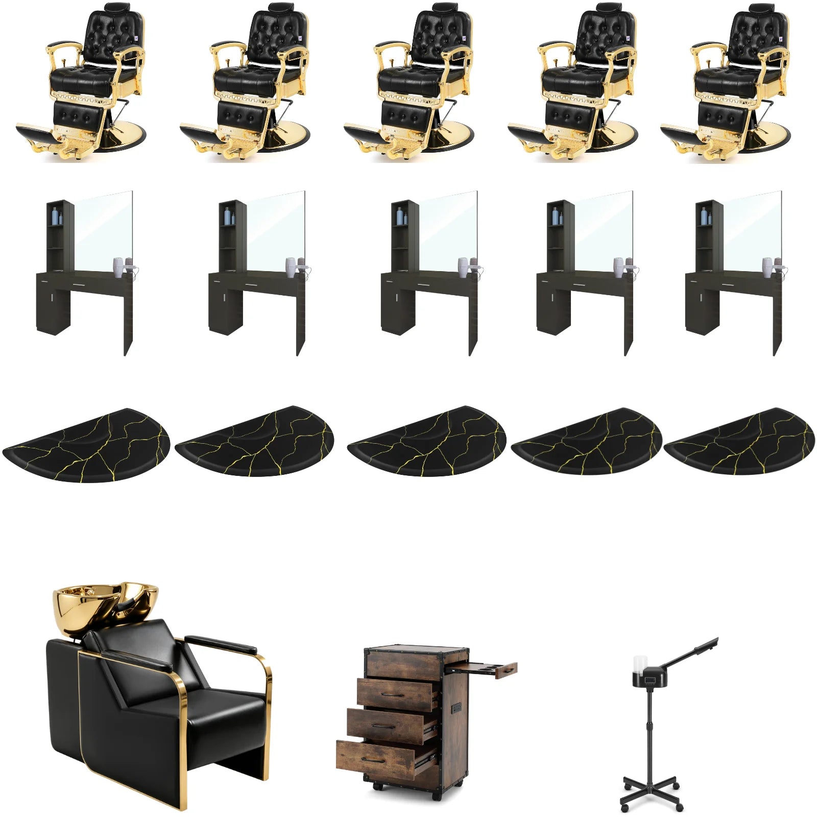 5-Station 5043 Gold Barber Chair Bundle with Backwash
