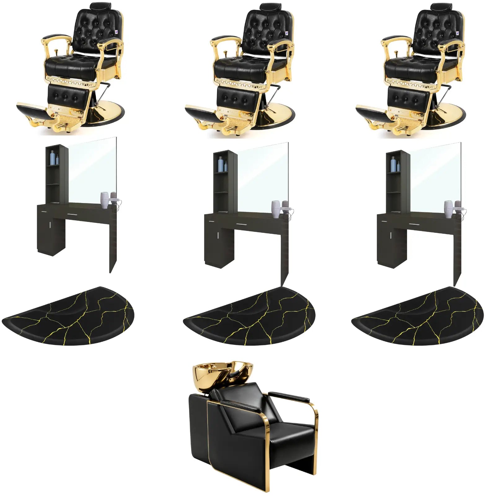 3-Station 5043 Gold Barber Chair Bundle with Backwash