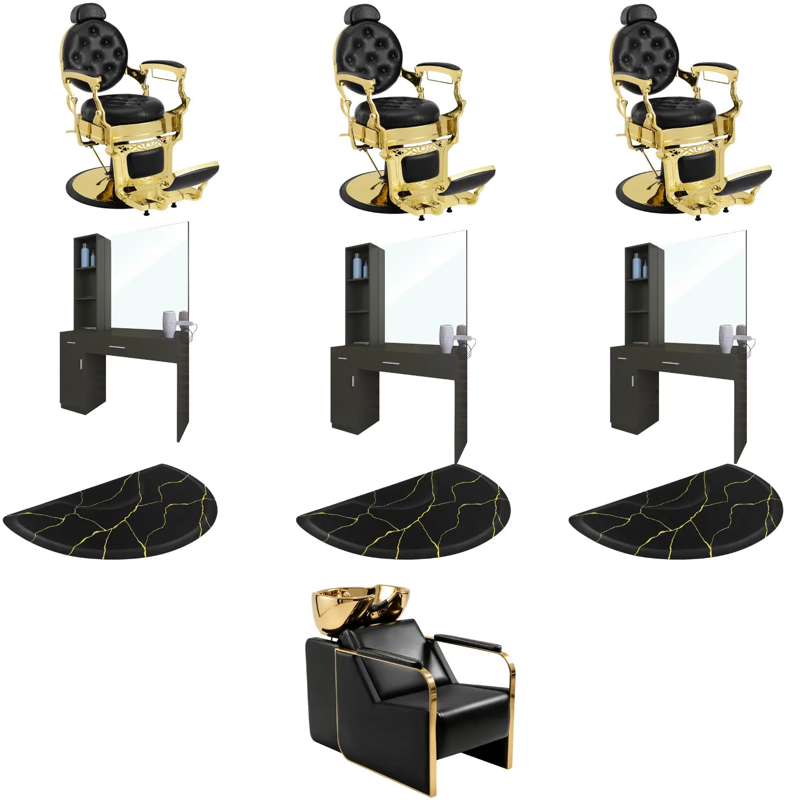 3-Station 5045 Gold Barber Chair Bundle with Backwash