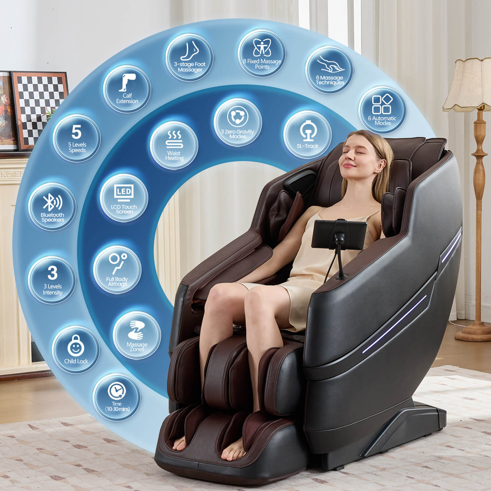 #20022 Zero Gravity Full Body Massage Chair ,2026 Newest Version Recliner with 10 Fix Rollers, 6 Modes, Bluetooth Speakers, Waist Heating, Foot Roller Massage, Full-Body Airbags, Black/Brown