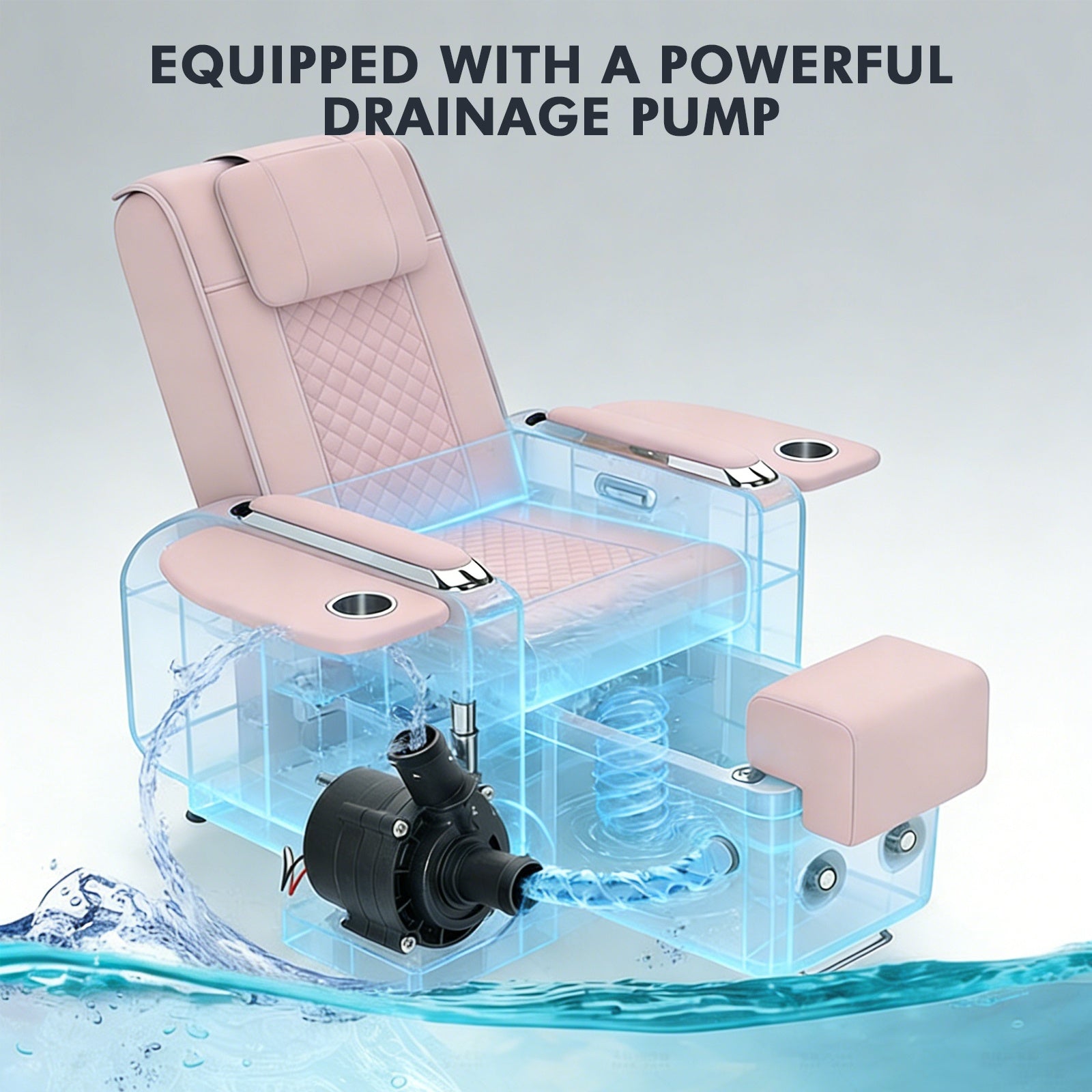 #1483 Pedicure Spa Chair Spa Chair with Foot Spa Basin, Manicure & Massage Chair, Electric Recline, 4-Head Back Massage, Hot/Cold Water Controls, LED Light & Jet Tub, Fast Drain Pump, Pull-Out Bowl (Pink)