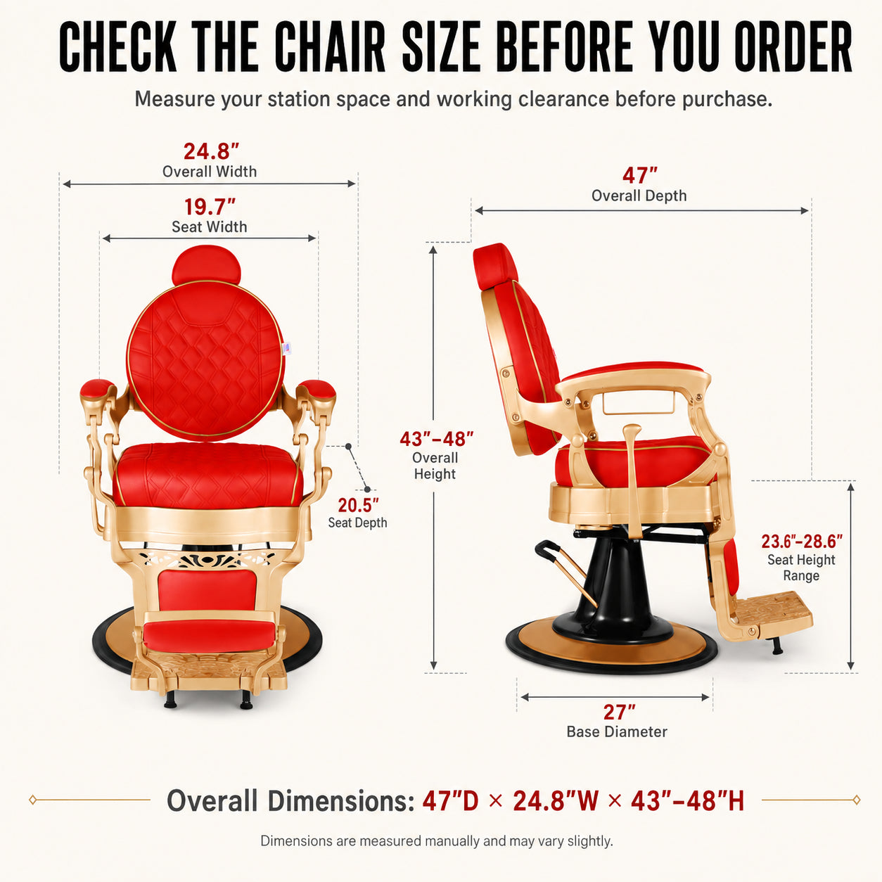 #5197 Vintage Hydraulic Barber Chair – 450 lb Capacity, 360° Swivel & 135° Recline Victory Red / Metallic Gold
