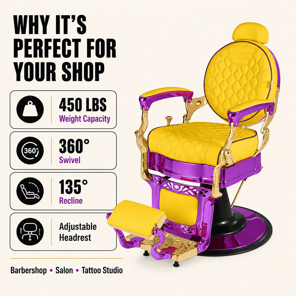 #5885 Vintage Hydraulic Barber Chair – 450 lb Capacity, 360° Swivel & 135° Recline Regal Purple / Golden Yellow