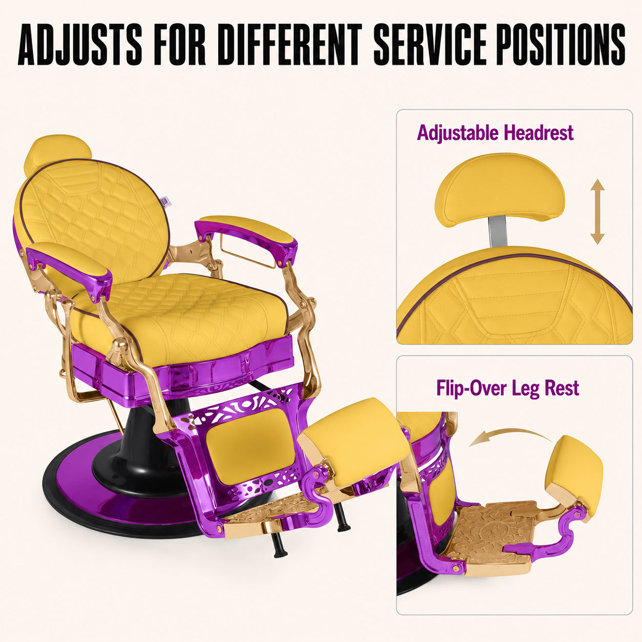 #5885 Vintage Hydraulic Barber Chair – 450 lb Capacity, 360° Swivel & 135° Recline Regal Purple / Golden Yellow
