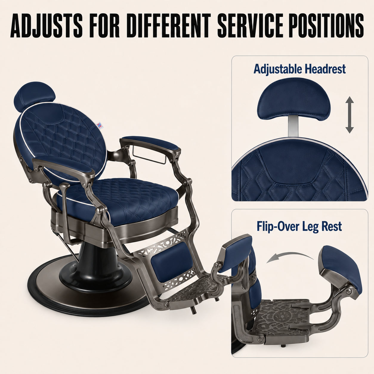 #5097 Vintage Hydraulic Barber Chair – 450 lb Capacity, 360° Swivel & 135° Recline Navy / Silver