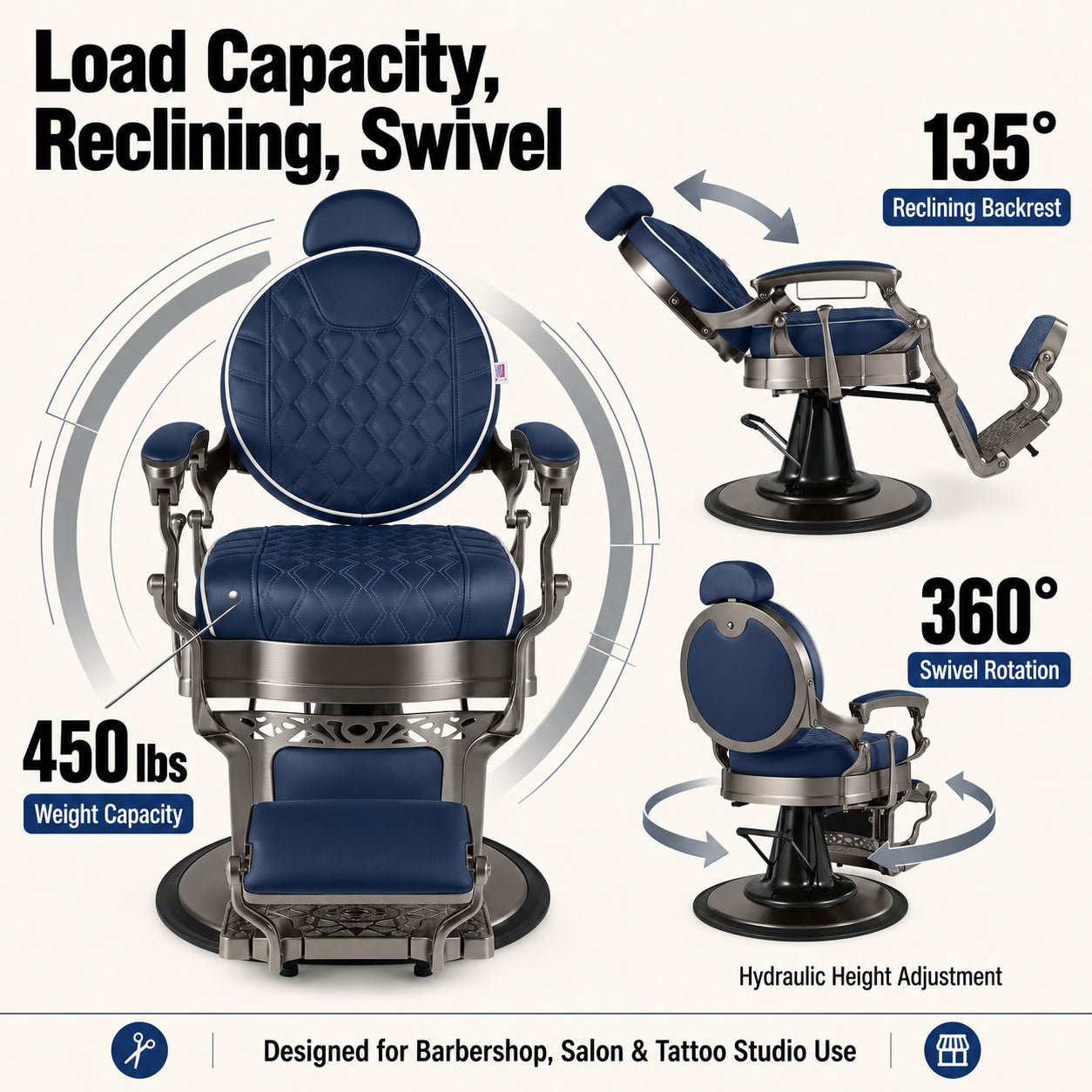 #5097 Vintage Hydraulic Barber Chair – 450 lb Capacity, 360° Swivel & 135° Recline Navy / Silver