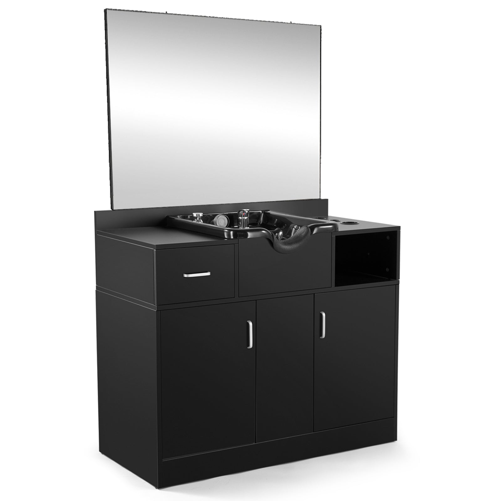 #10094 Shampoo Station with Mirror, All in One Backwash Sink with USB, 110V Outlets, Hair Dryer Holes and P Trap Artist hand