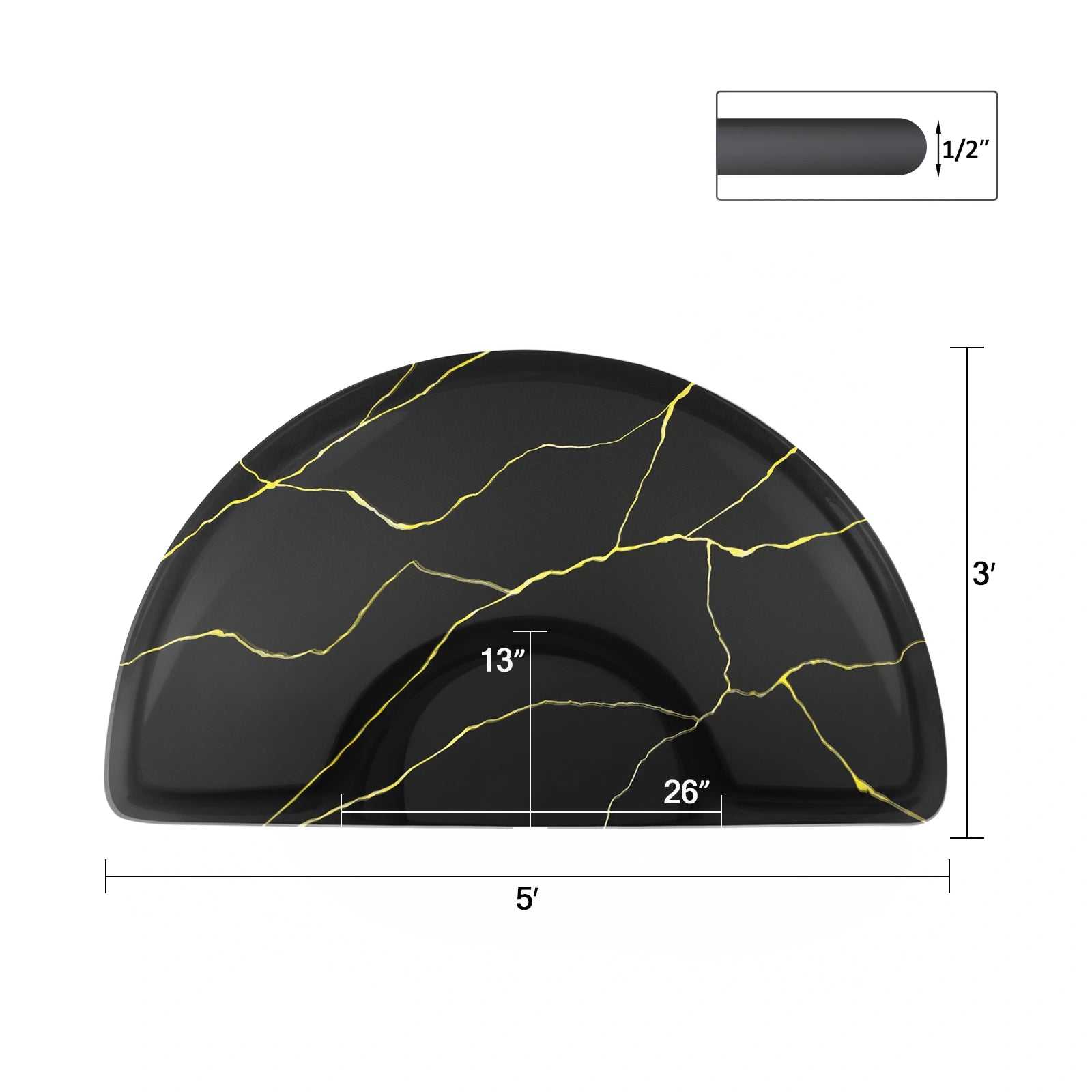 #10028 Barber Chair Mat with Black Gold Marble Pattern, Semi-Circle, 3' x 5' x 1/2"
