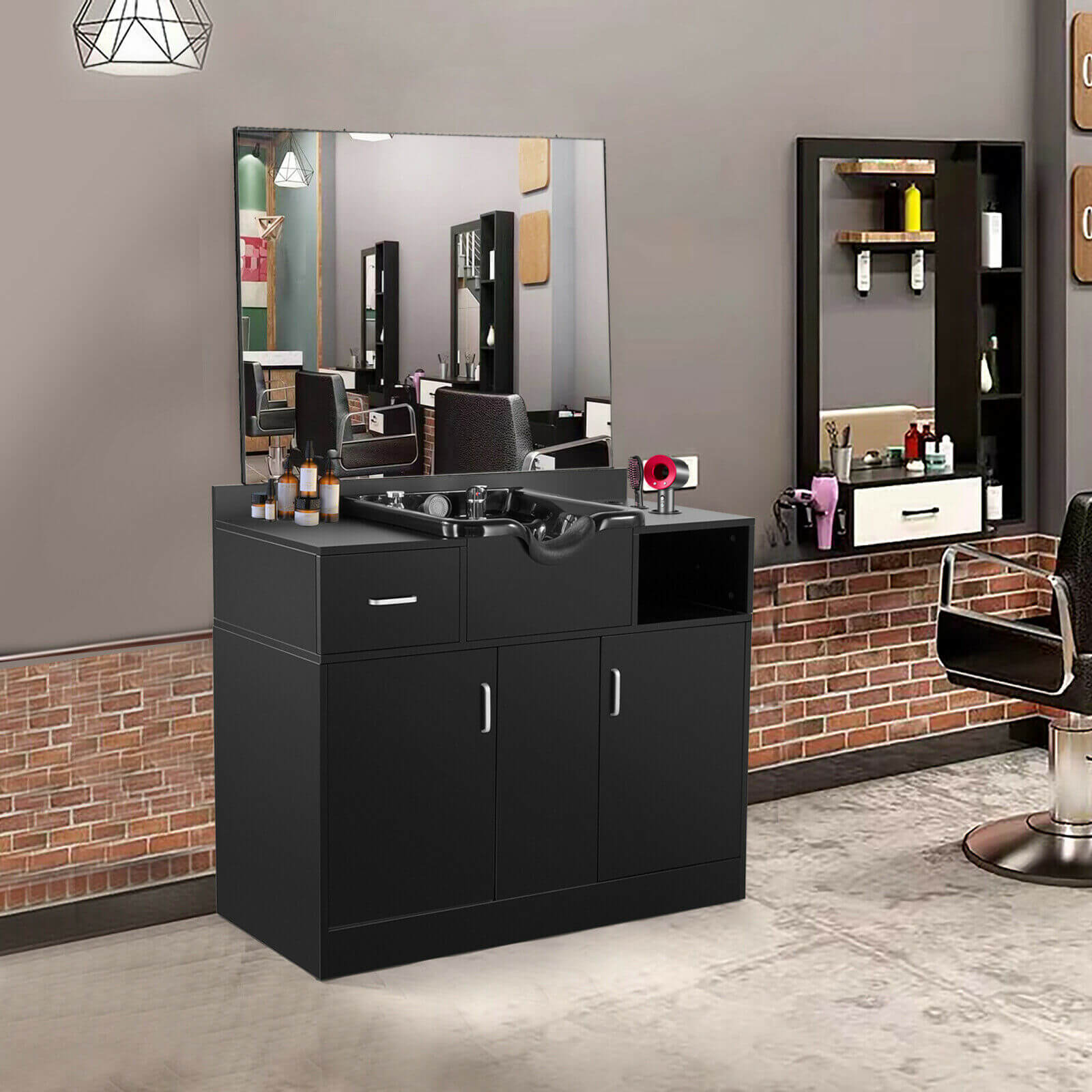 #10094 Shampoo Station with Mirror, All in One Backwash Sink with USB, 110V Outlets, Hair Dryer Holes and P Trap Artist hand