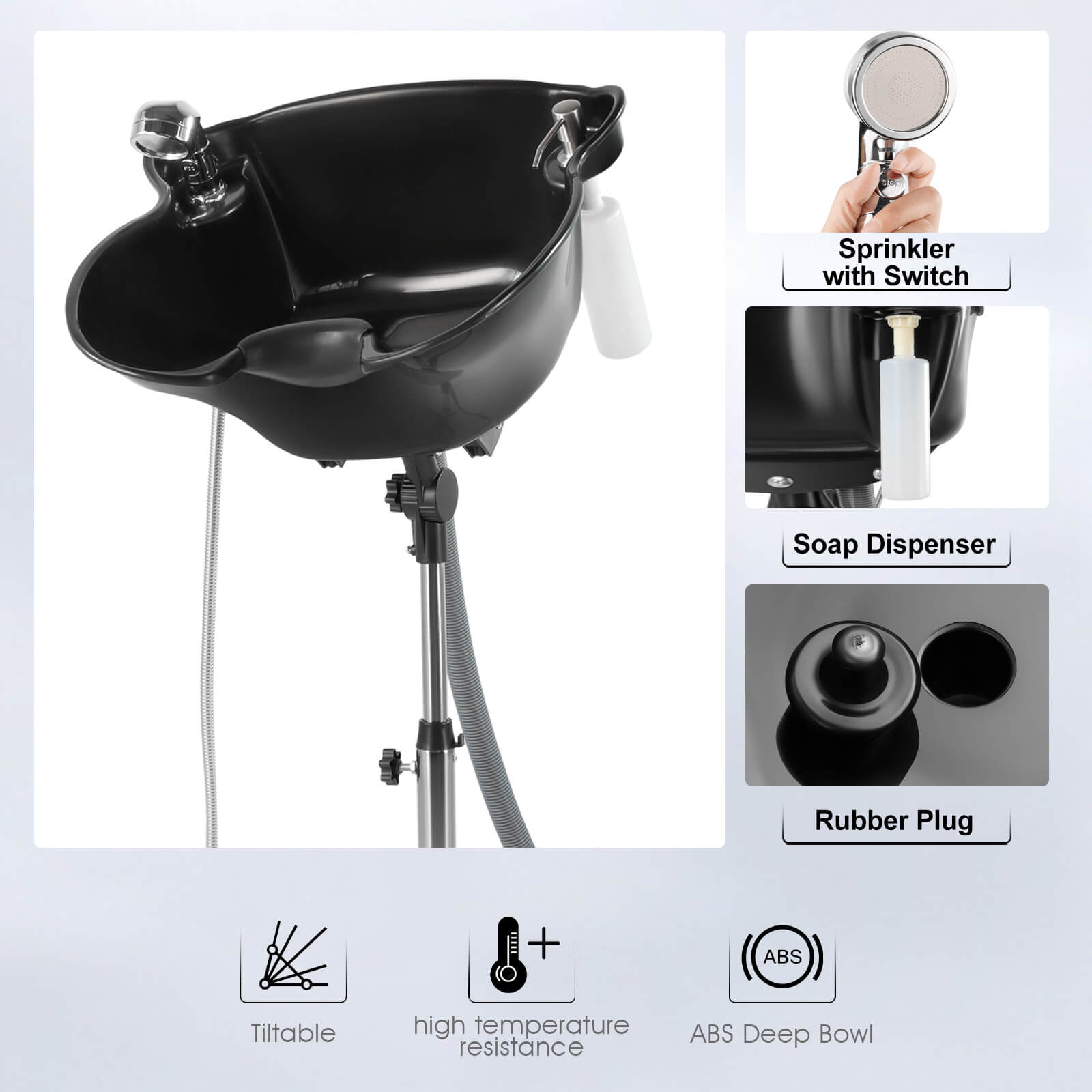 #1014 Shampoo Bowl Portable Salon Sink with Adjustable Height and Drain; Sprinkler with Switch Hair Washing Basin Barber Deep Bowl Artist hand