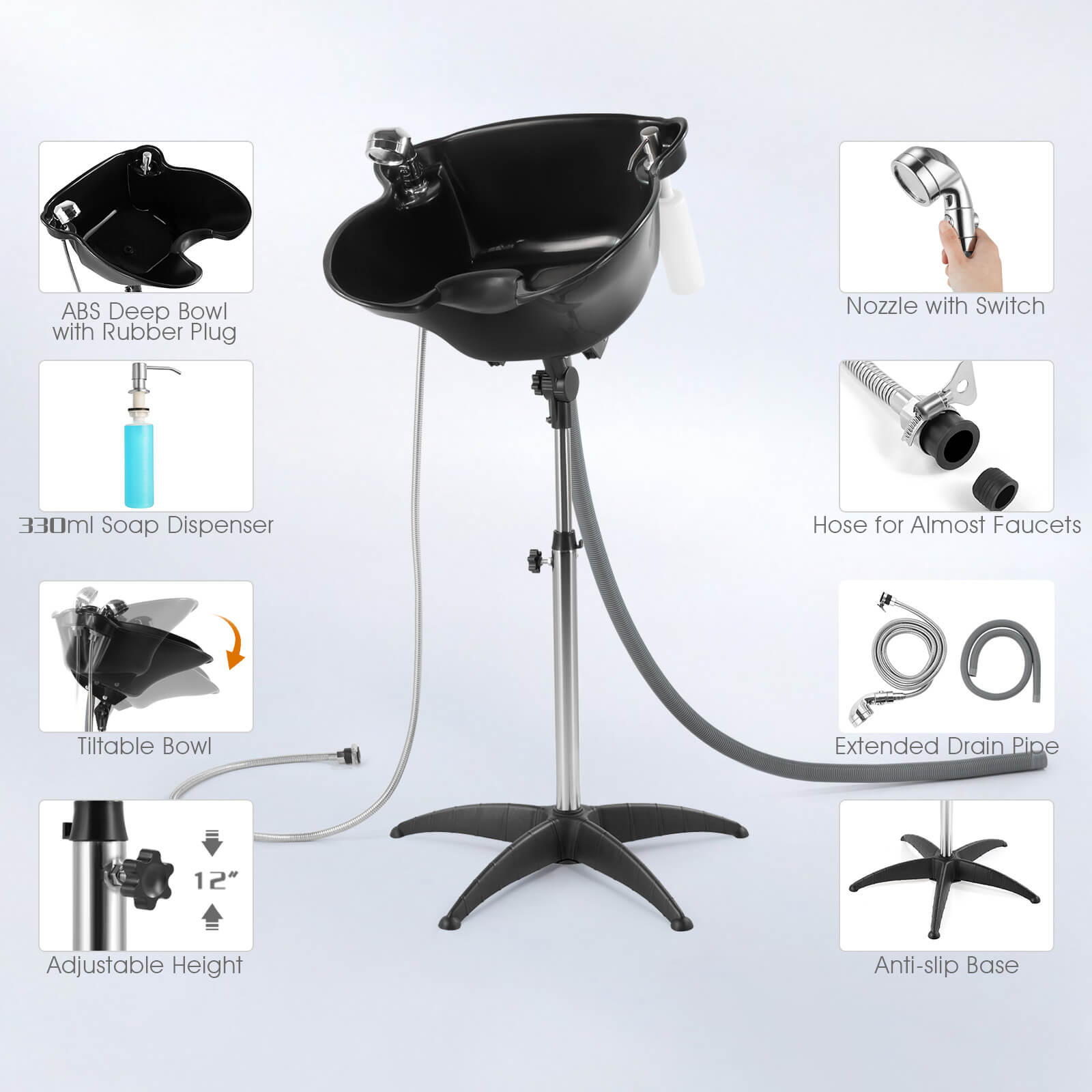 #1014 Shampoo Bowl Portable Salon Sink with Adjustable Height and Drain; Sprinkler with Switch Hair Washing Basin Barber Deep Bowl Artist hand