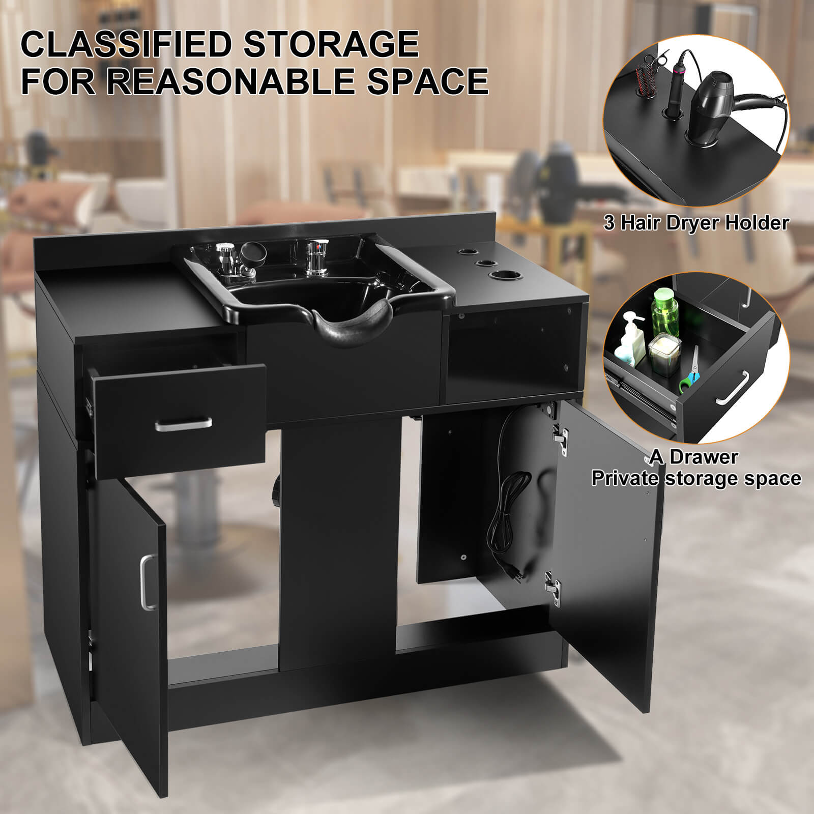 #10094 Shampoo Station with Mirror, All in One Backwash Sink with USB, 110V Outlets, Hair Dryer Holes and P Trap Artist hand