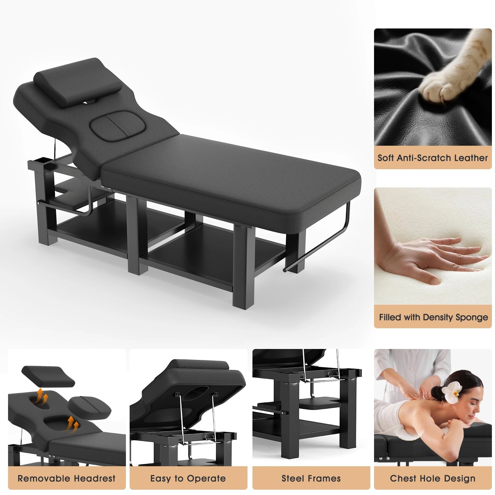 #2085 Heavy Duty Professional Stationary Massage Table, Wide Spa Facial Bed with Backrest