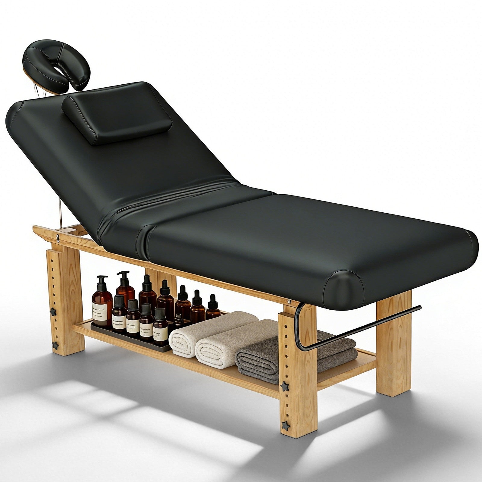 #2087 Heavy Duty Massage Table, Wooden Stationary Spa Bed with Adjustable Height & Backrest