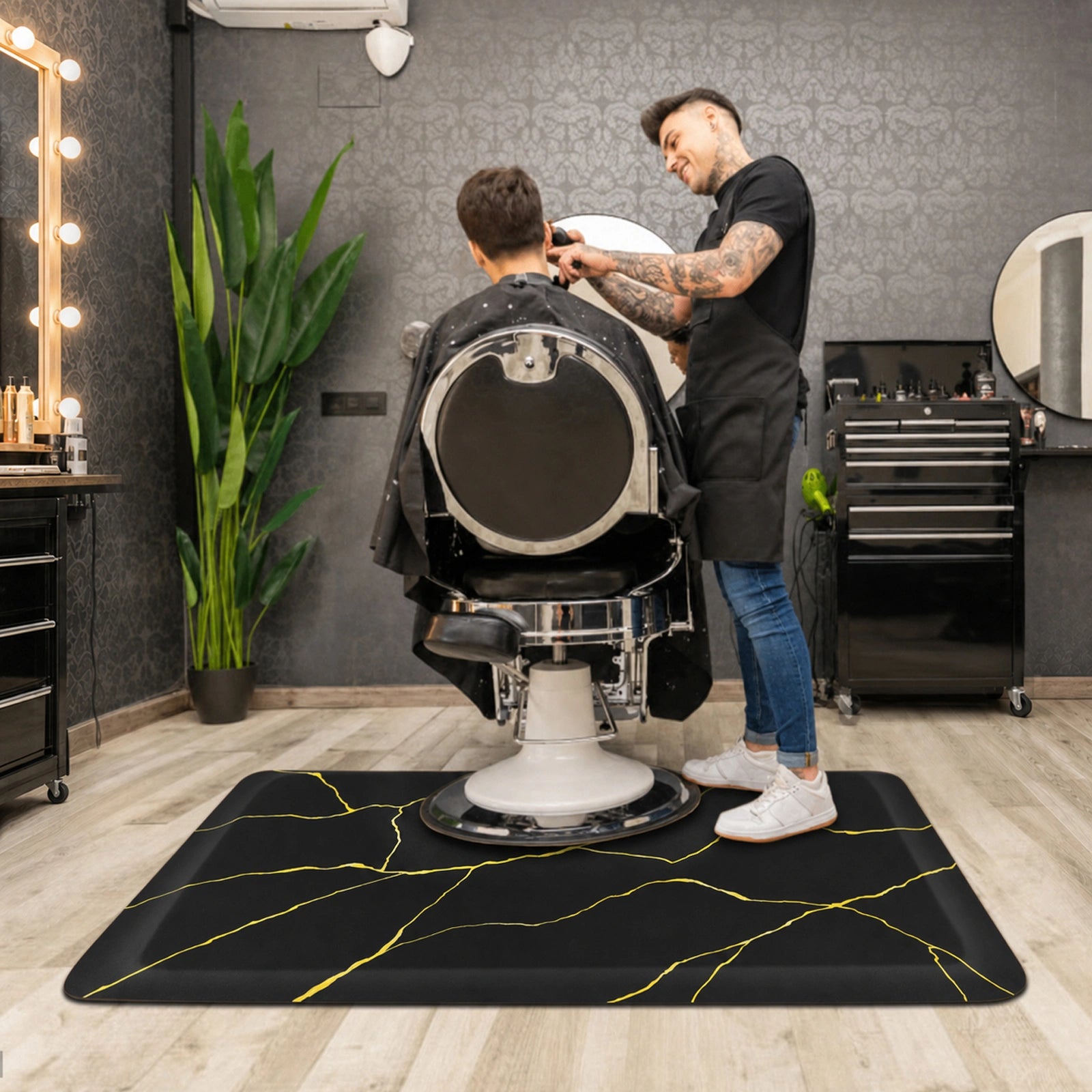 #10029 Barber Chair Mat with Black Gold Marble Pattern, Rectangular Salon Mat, 3' x 4' x 1/2"