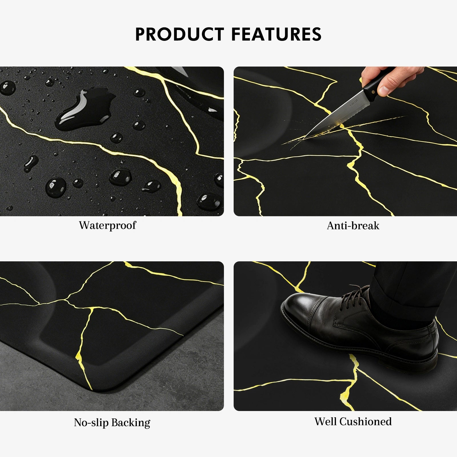 #10029 Barber Chair Mat with Black Gold Marble Pattern, Rectangular Salon Mat, 3' x 4' x 1/2"