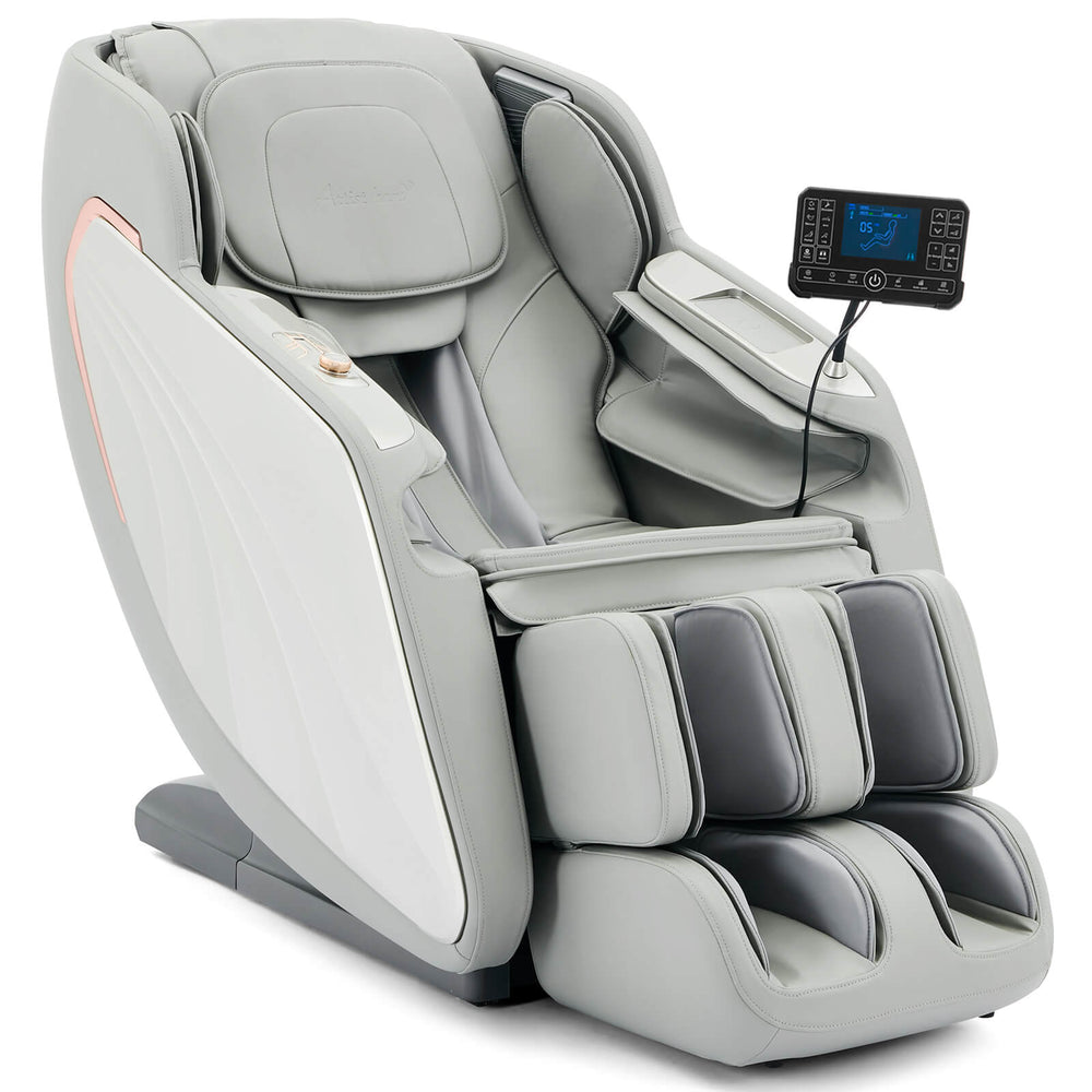 A client reclined in a state-of-the-art zero-gravity massage chair, surrounded by sleek controls and embedded massage nodes.