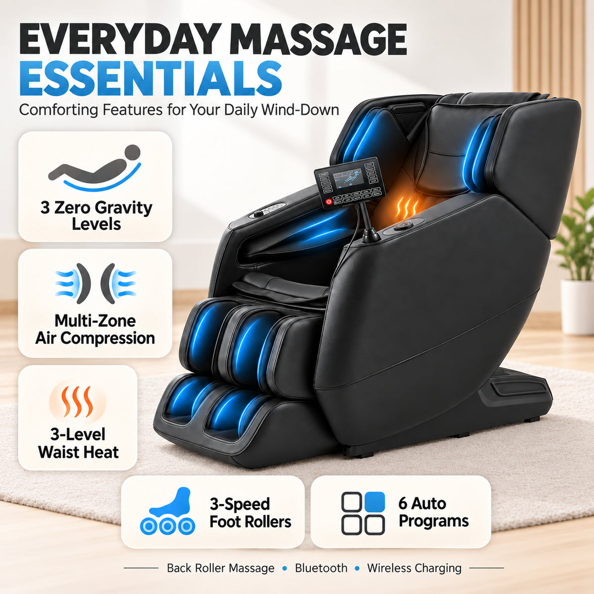 #20023 Massage Chair with 3-Level Zero Gravity, 6 Auto Programs, Airbag Compression, 3-Level Waist Heat, Foot Rollers, Bluetooth & Wireless Charging
