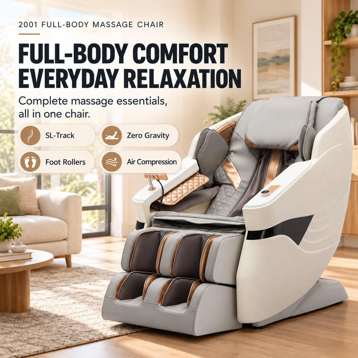 #2001 Full Body Massage Chair with Flexible SL Track, Zero Gravity Recliner with Foot Rollers, Air Compression, Back Heat, 12 Auto Programs, Voice Control, Bluetooth & Wireless Charging
