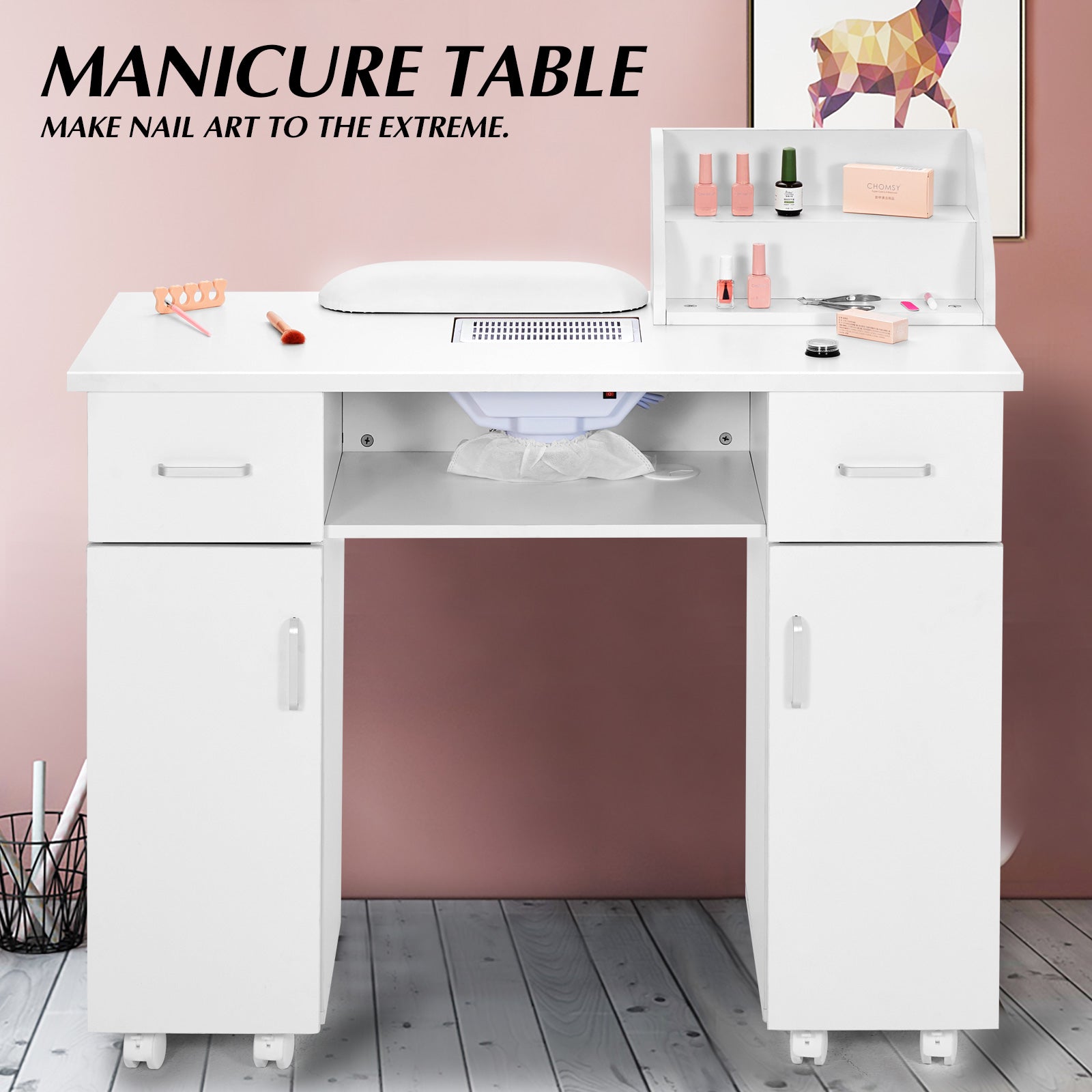 #7015 Manicure Table, Nail Table, Storage Rack, Wooden drawers, Nail desk, Beauty Workstation, Wrist Cushion, Lockable Wheels