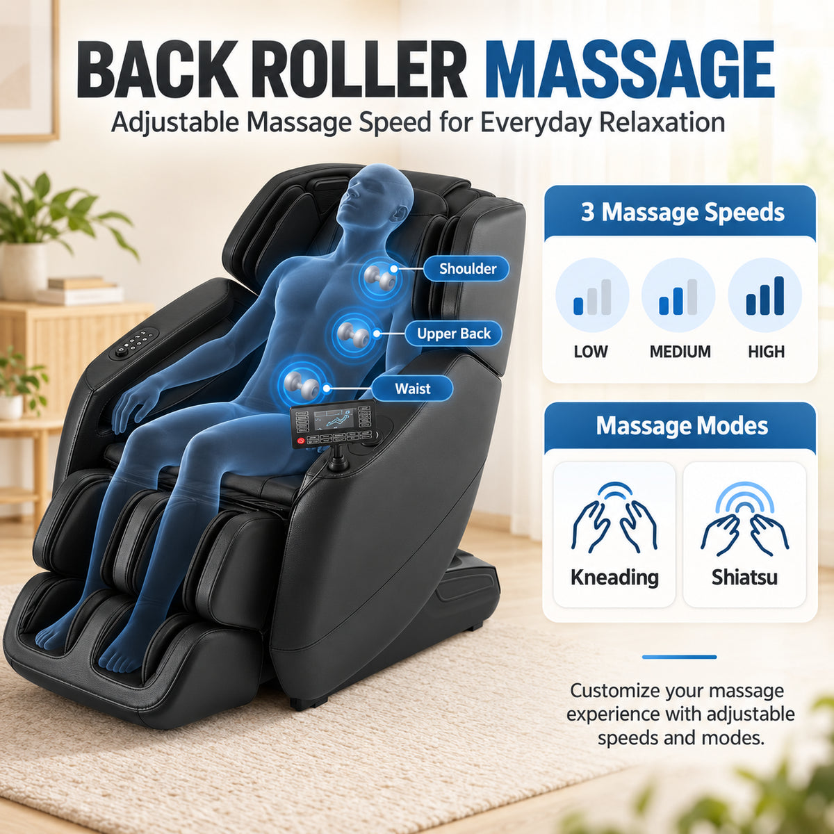 #20023 Massage Chair with 3-Level Zero Gravity, 6 Auto Programs, Airbag Compression, 3-Level Waist Heat, Foot Rollers, Bluetooth & Wireless Charging