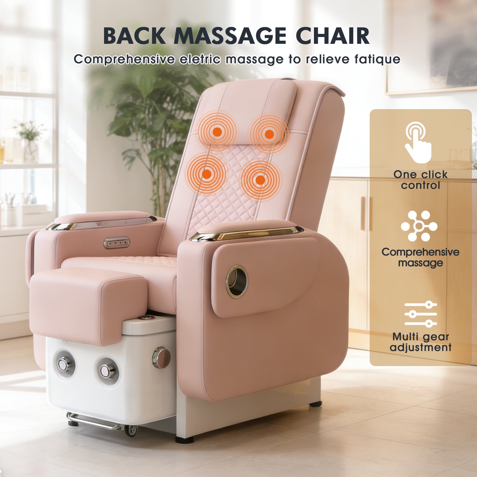 #1483 Pedicure Spa Chair Spa Chair with Foot Spa Basin, Manicure & Massage Chair, Electric Recline, 4-Head Back Massage, Hot/Cold Water Controls, LED Light & Jet Tub, Fast Drain Pump, Pull-Out Bowl (Pink)