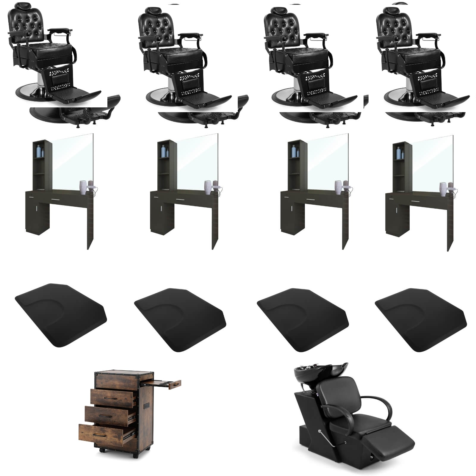 #5041 Barber Chairs with 1006 Shampoo Station + Salon Trolley