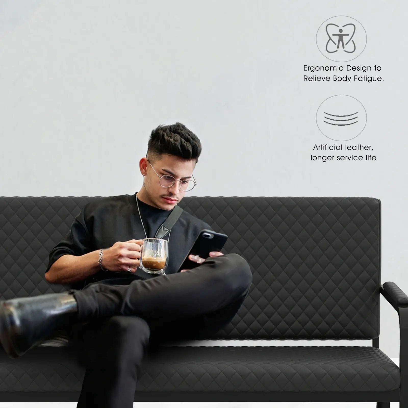 #1020 Waiting Chair, 56’’ Office Guest Chair, Reception Seating with Padded Cushion, Durable Metal Frame, for Beauty Salon Barber Shop