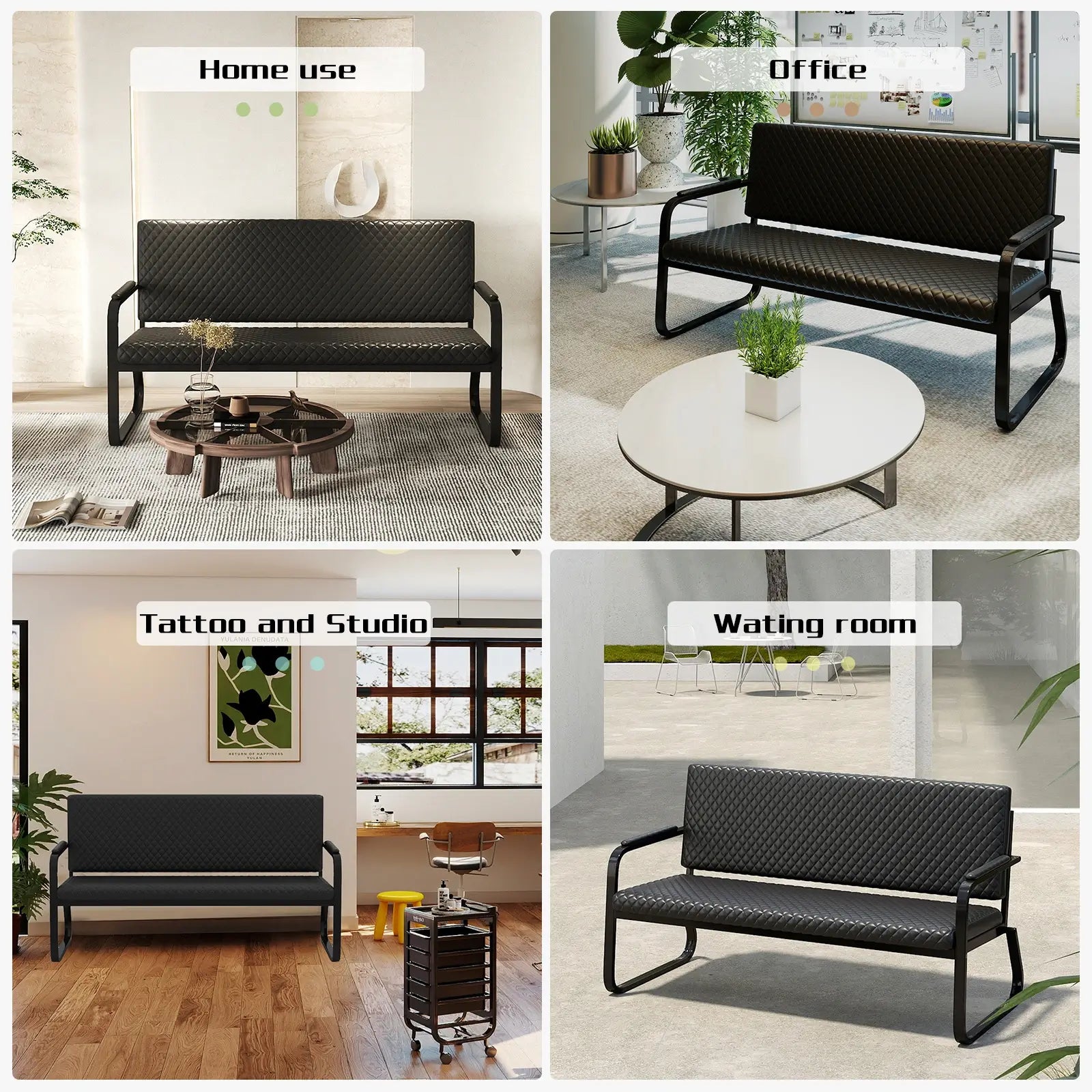 #1020 Waiting Chair, 56’’ Office Guest Chair, Reception Seating with Padded Cushion, Durable Metal Frame, for Beauty Salon Barber Shop