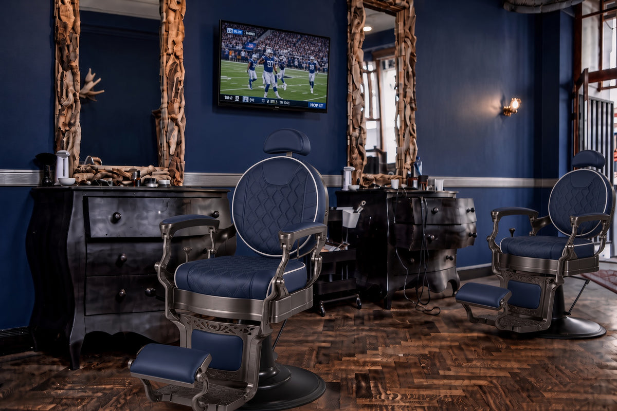 #5097 Vintage Hydraulic Barber Chair – 450 lb Capacity, 360° Swivel & 135° Recline Navy / Silver