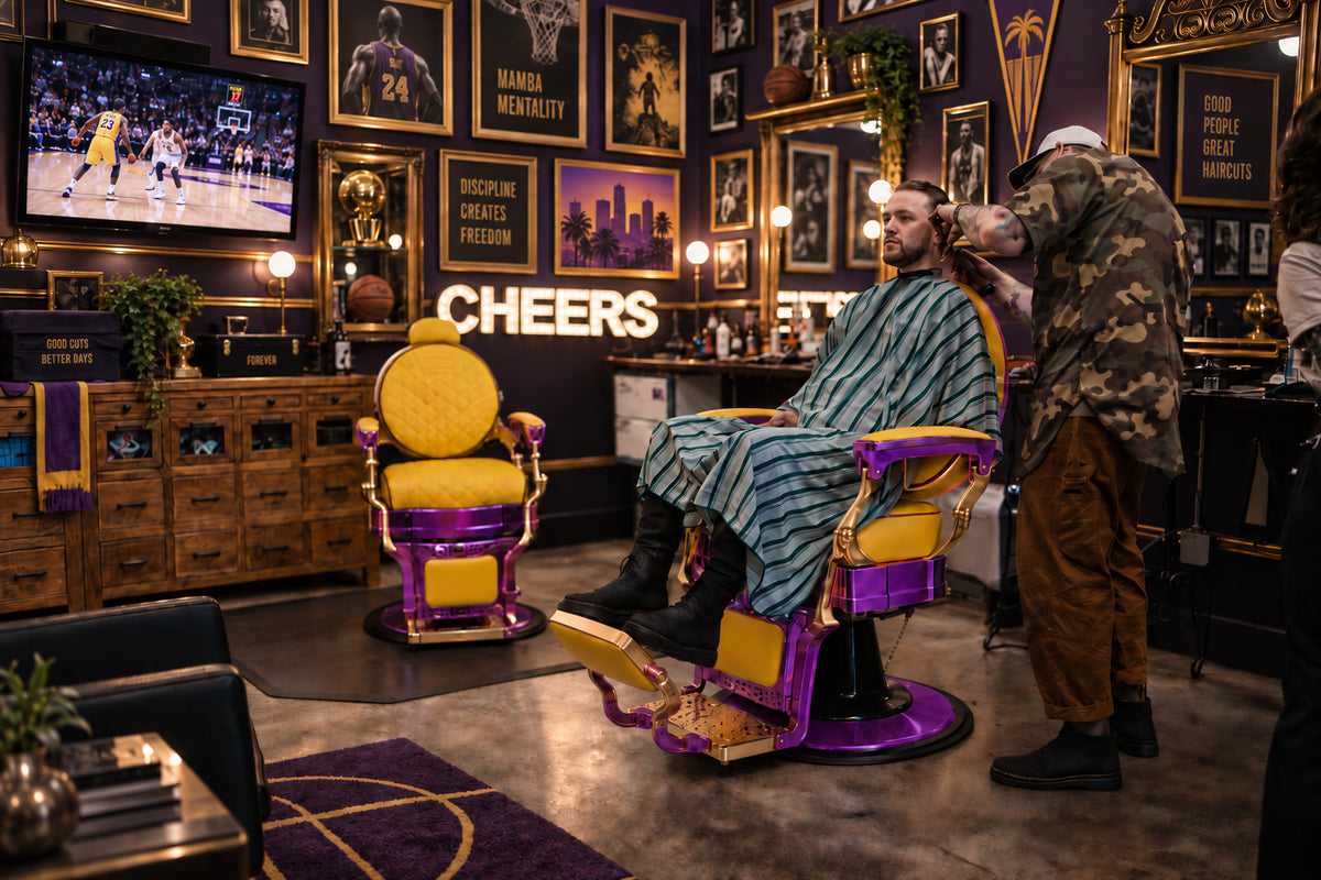 #5885 Vintage Hydraulic Barber Chair – 450 lb Capacity, 360° Swivel & 135° Recline Regal Purple / Golden Yellow