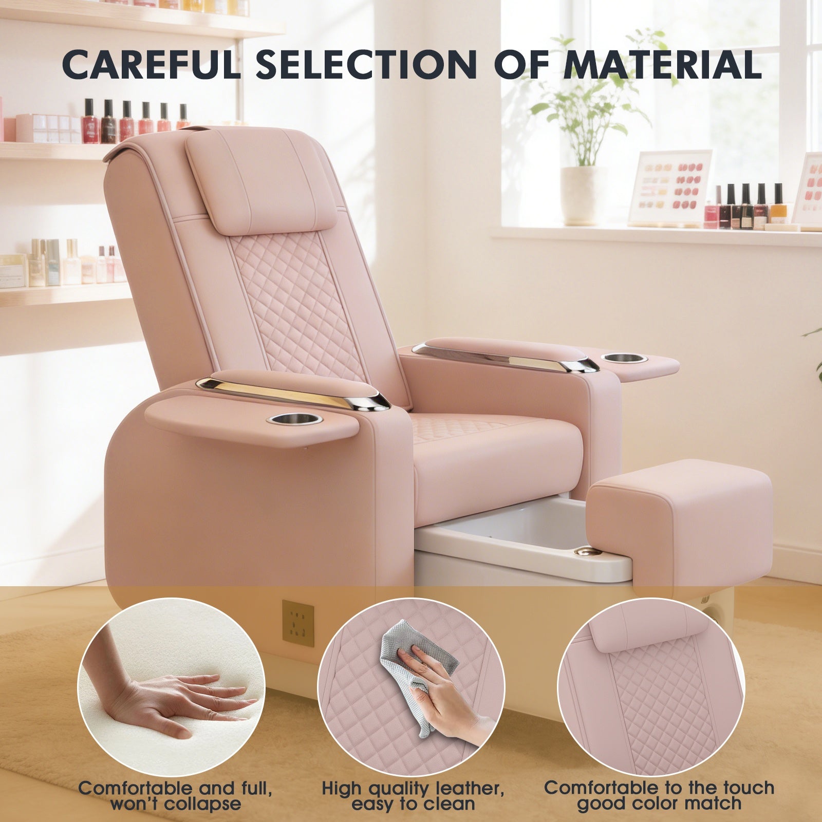 #1483 Pedicure Spa Chair Spa Chair with Foot Spa Basin, Manicure & Massage Chair, Electric Recline, 4-Head Back Massage, Hot/Cold Water Controls, LED Light & Jet Tub, Fast Drain Pump, Pull-Out Bowl (Pink)