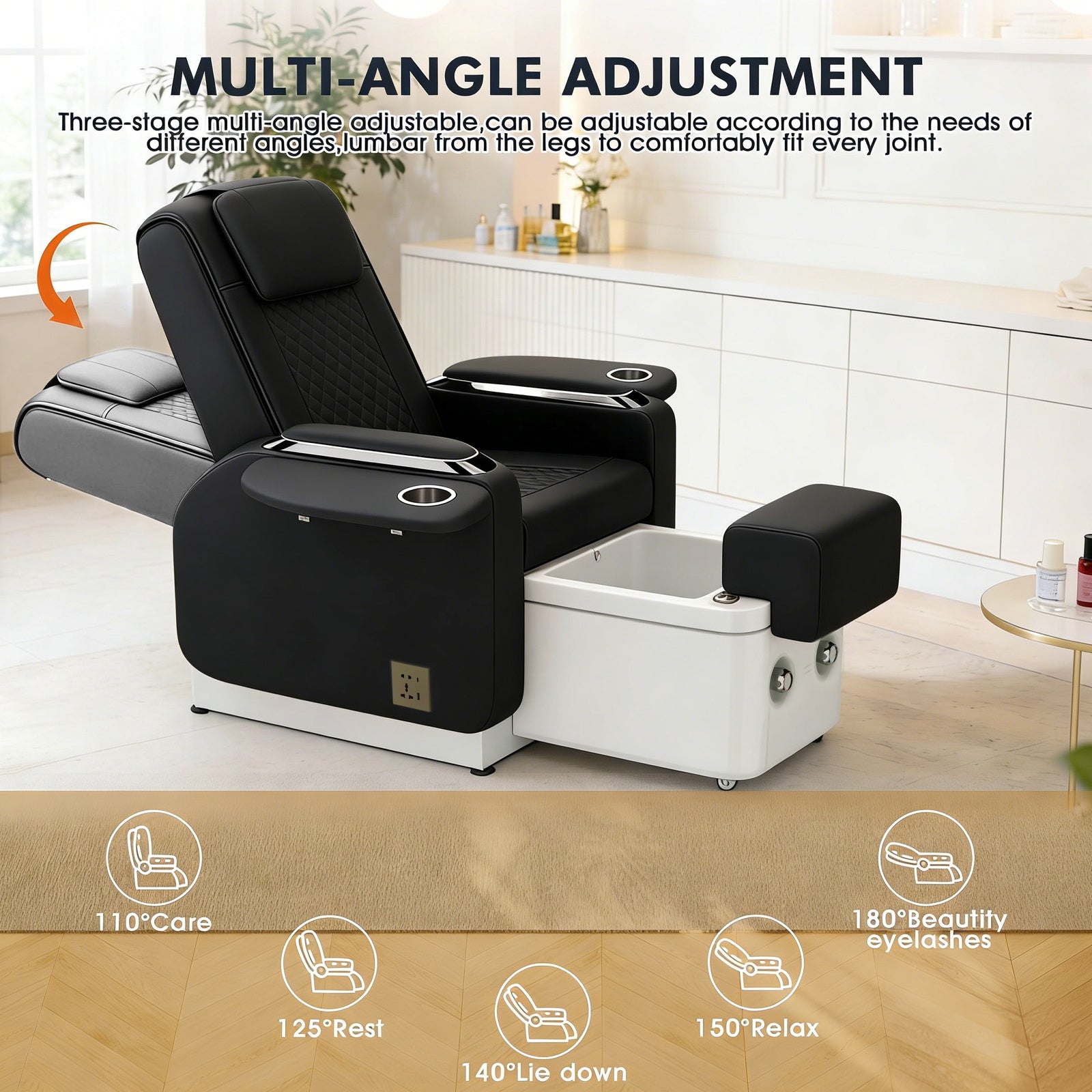 #1084 Pedicure Spa Chair Spa Chair with Foot Spa Basin, Manicure & Massage Chair, Electric Recline, 4-Head Back Massage, Hot/Cold Water Controls, LED Light & Jet Tub, Fast Drain Pump, Pull-Out Bowl(Black)