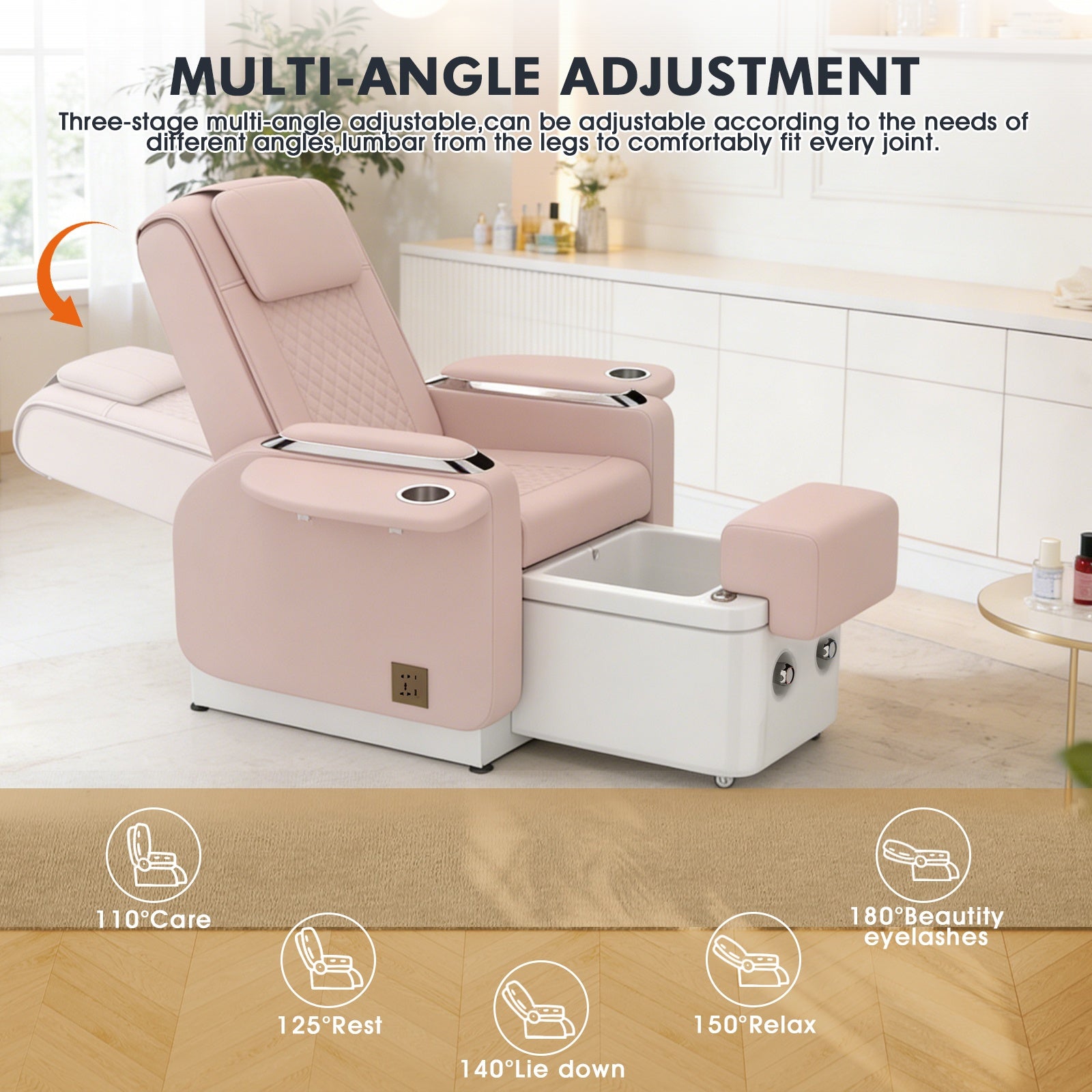 #1483 Pedicure Spa Chair Spa Chair with Foot Spa Basin, Manicure & Massage Chair, Electric Recline, 4-Head Back Massage, Hot/Cold Water Controls, LED Light & Jet Tub, Fast Drain Pump, Pull-Out Bowl (Pink)